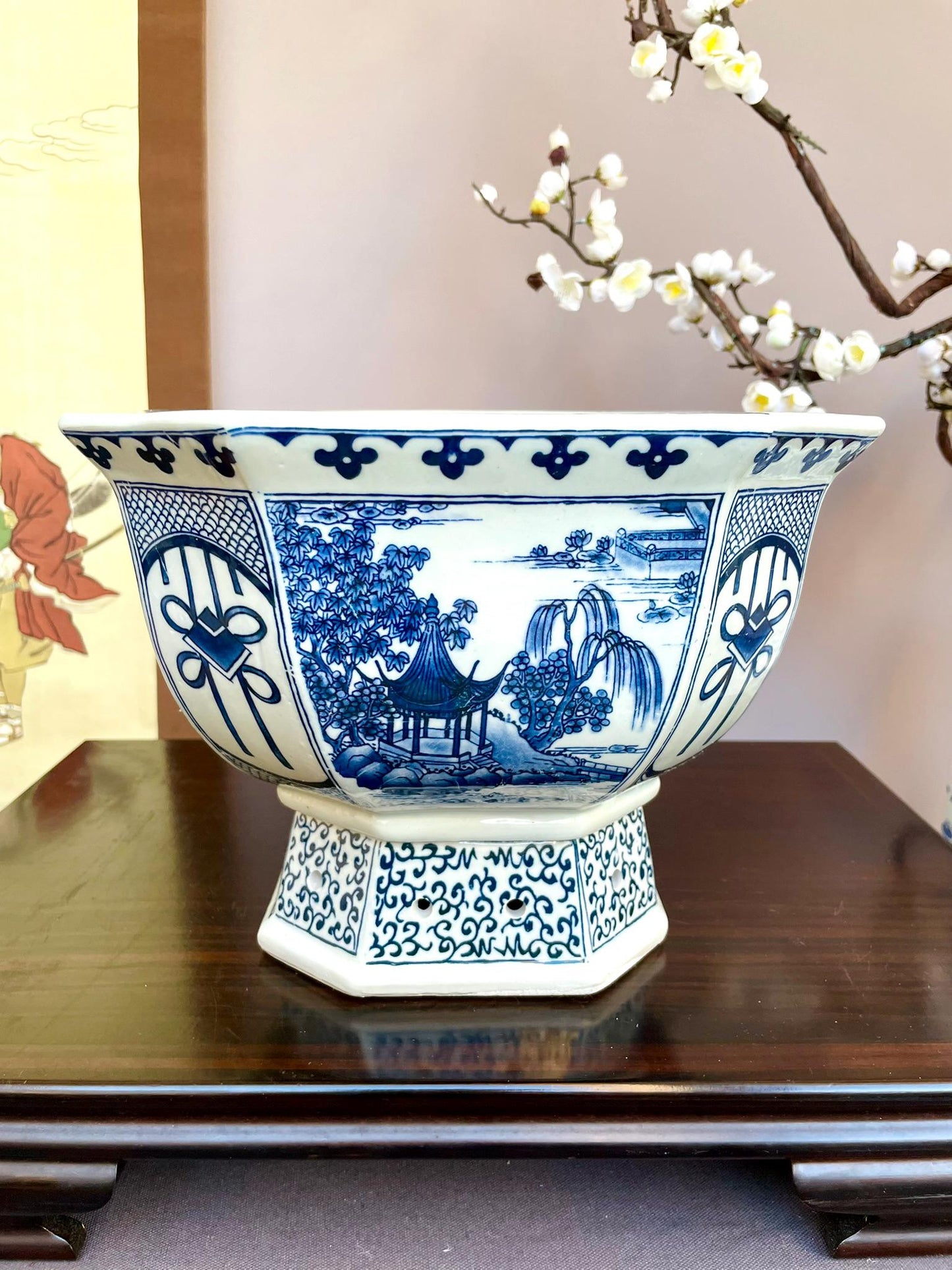 Blue & White Hexagonal Footed Bowl • Scenic Landscape Porcelain Centerpiece • irregular hexagon Oriental Art Bowl Luxury Decorative Vessel