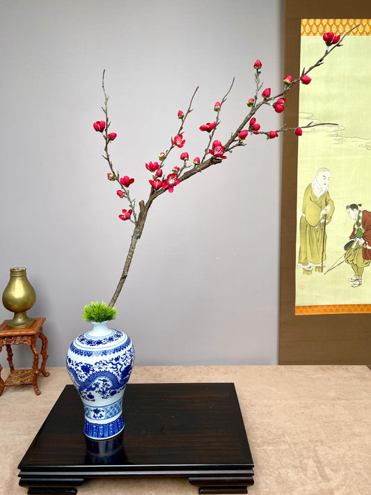 Large Realistic Red Plum Blossom Branch - Faux Winter Meihua Stem - Vivid Chinese New Year Decor - Hand-Crafted Luxury Zen Floral for Vases