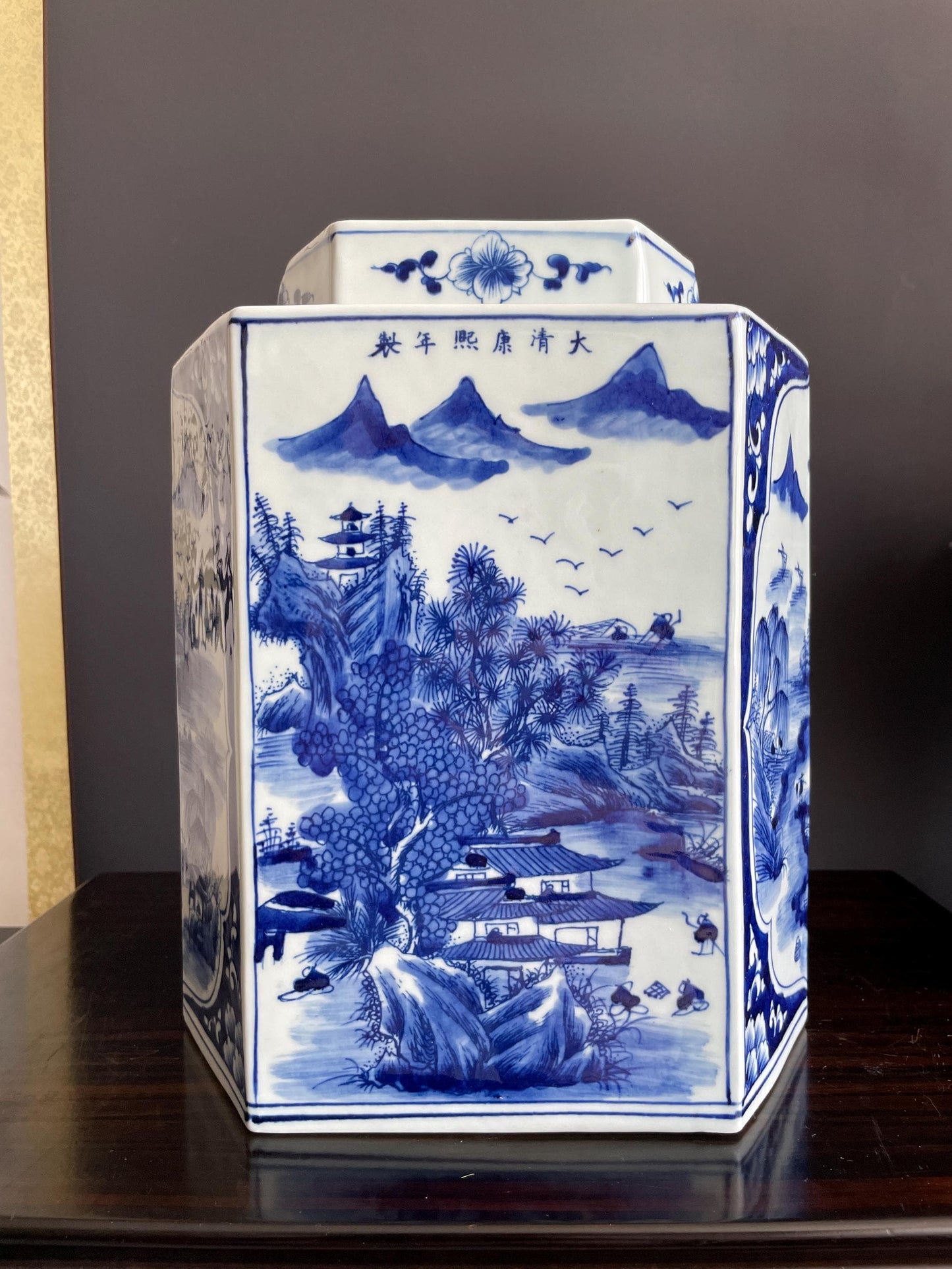 Hand Painted Blue & White Hexagon Porcelain Vase with Lid | Six Sided Xiang Qi Hand Pressed Ceramic Jar | Chinoiserie Decor Vessel