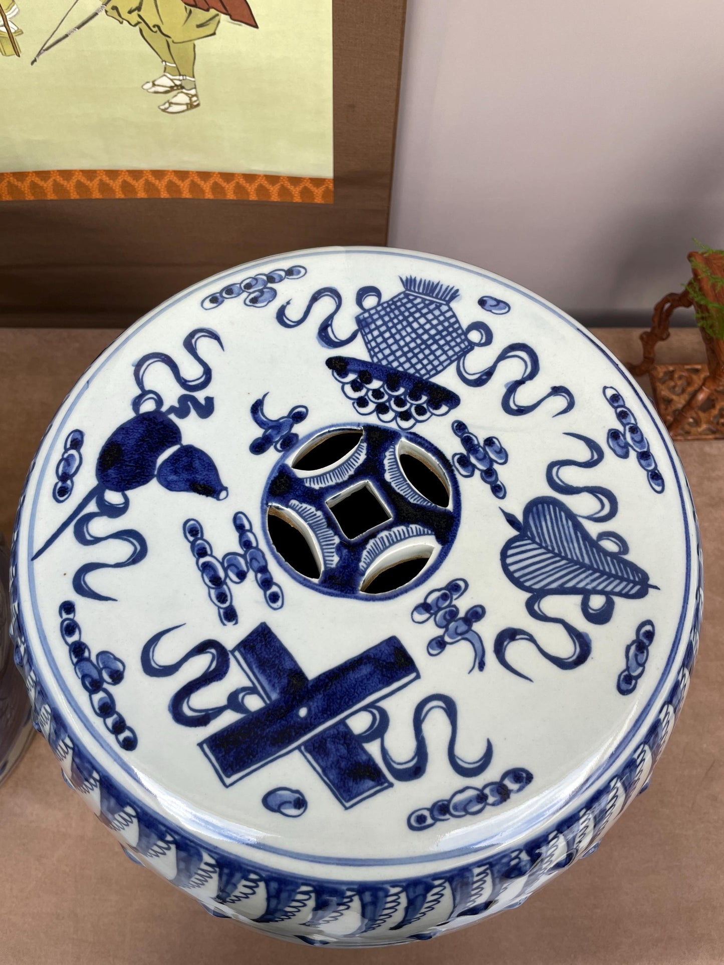 Large Blue and White Porcelain Garden Stool, Hand Painted Eight Immortals Ceramic Seat Chinoiserie Drum Stool Chinese Figure Decor Heavy