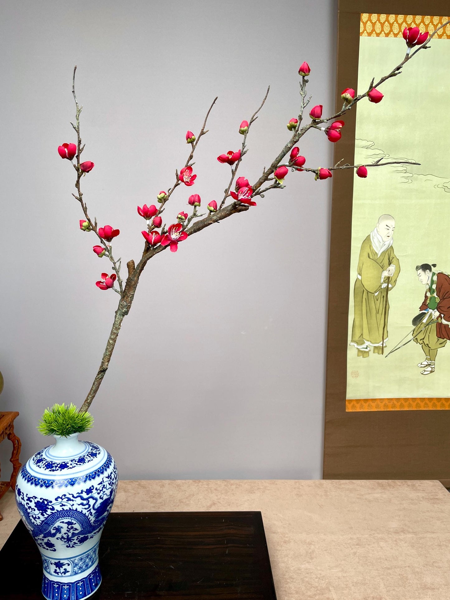 Large Realistic Red Plum Blossom Branch - Faux Winter Meihua Stem - Vivid Chinese New Year Decor - Hand-Crafted Luxury Zen Floral for Vases
