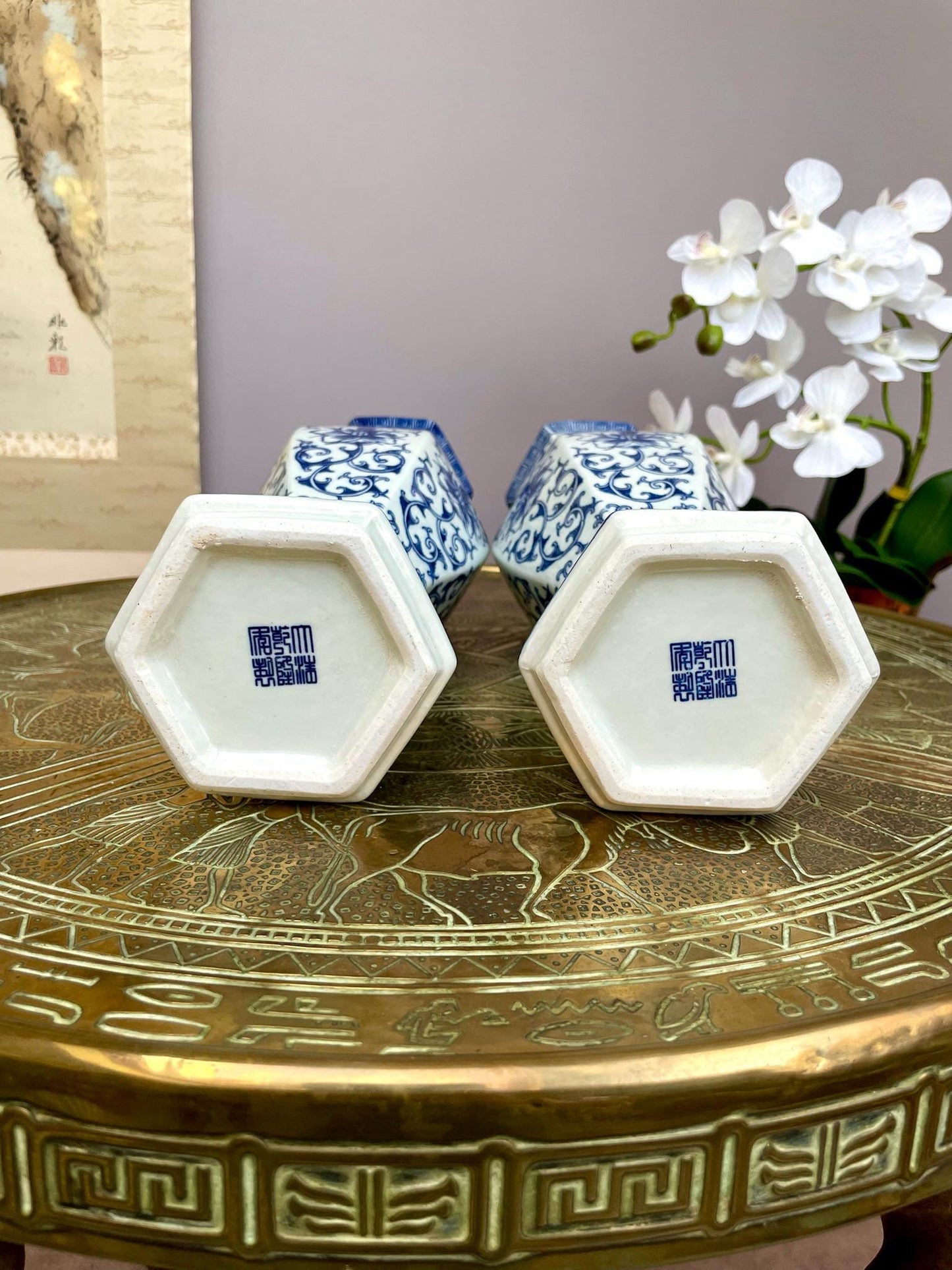 Pair of Blue & White Hexagonal Imperial Lotus Vases • Royal Ritual Vessel Form Six-Sided Classical Porcelain Pair Luxury Oriental Home Décor