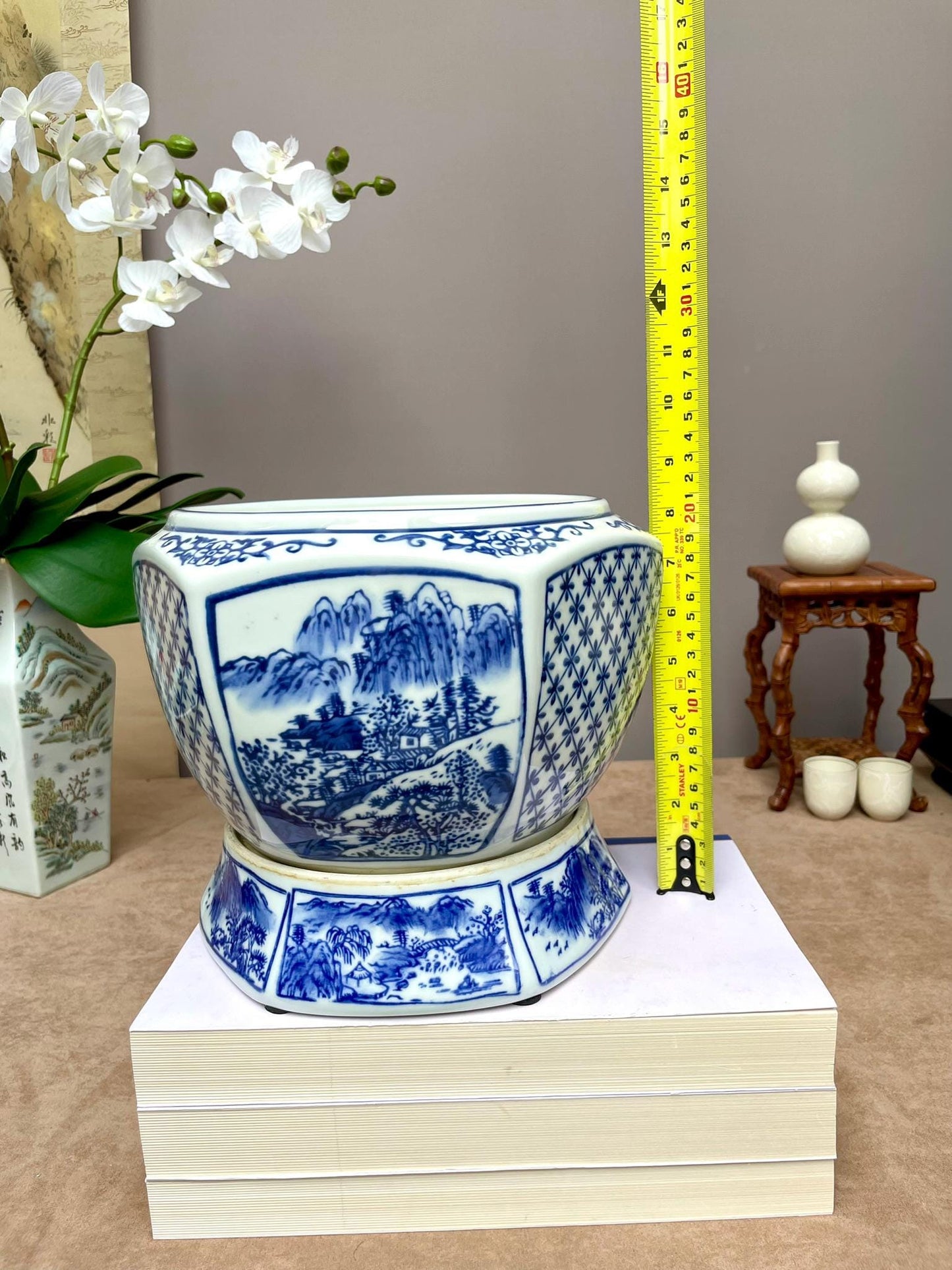 Blue and White Chinese Porcelain Planter with Stand | Hand-Painted Landscape Scene | Oriental Home Decor | Ming Style Ceramic Pot