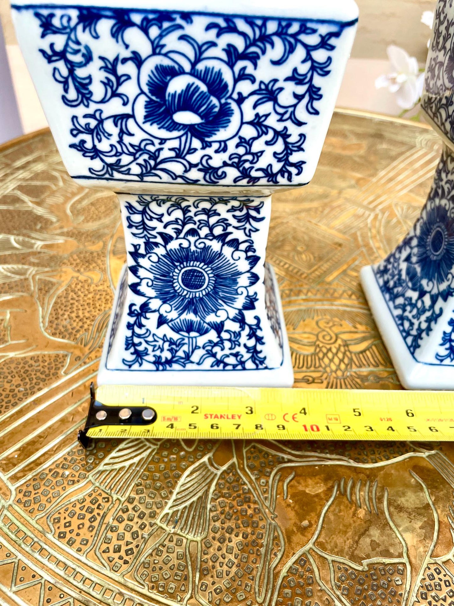 pair of Blue & White Porcelain Altar Candle Holders • Imperial Ritual Vessel Pair • Heaven–Earth–Human 3 section  Chinoiserie Floral design