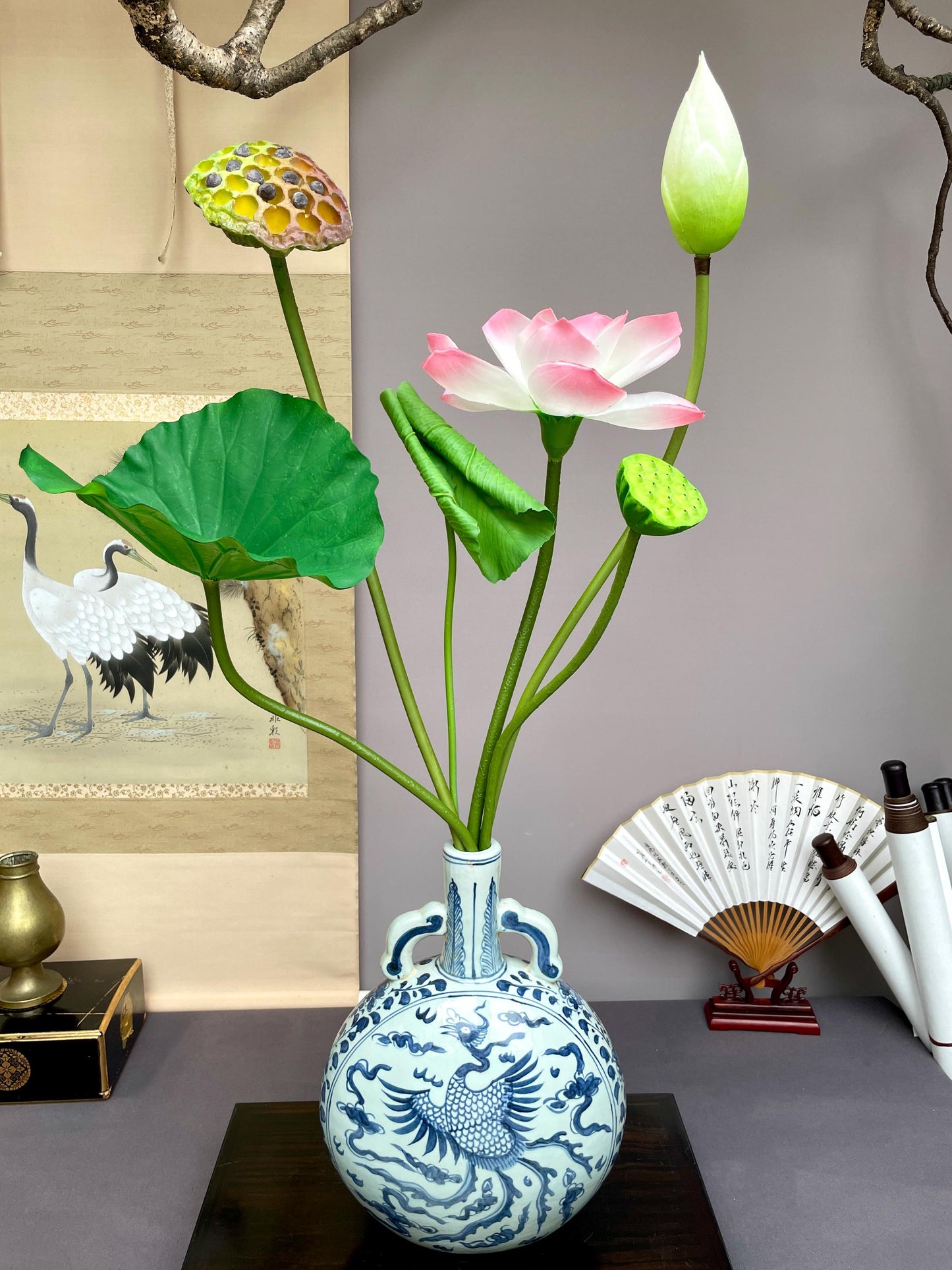 Real Touch Lotus Flower Arrangement 95cm Tall Faux Lotus Stem with Pods Artificial Lotus Bouquet Large Zen Table Decor Silk Flowers. Pink.