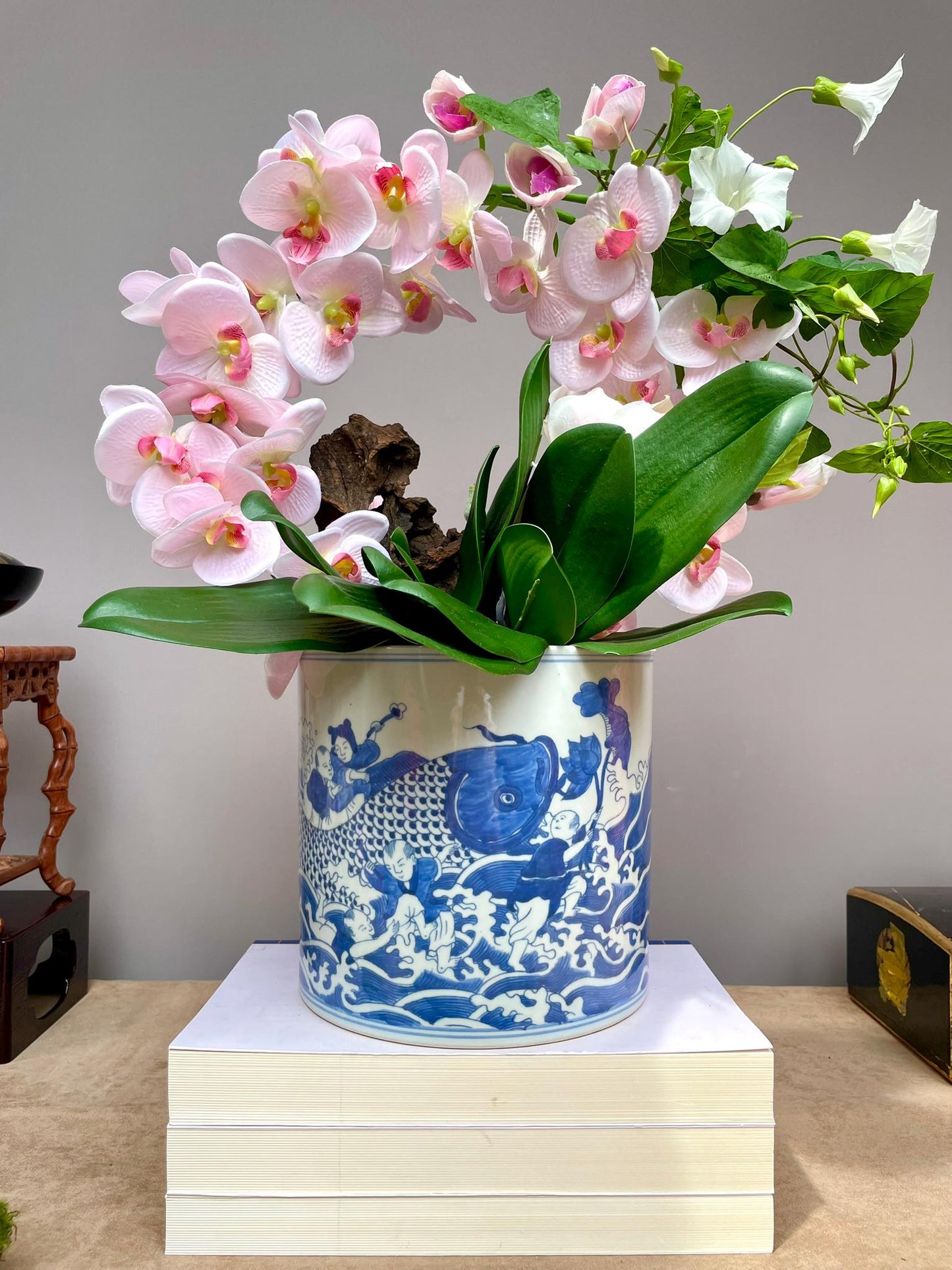 Hand-Painted Chinese Blue and White Porcelain Vase with “Baby Holding Fish” Motif Symbolizing Prosperity and Abundance