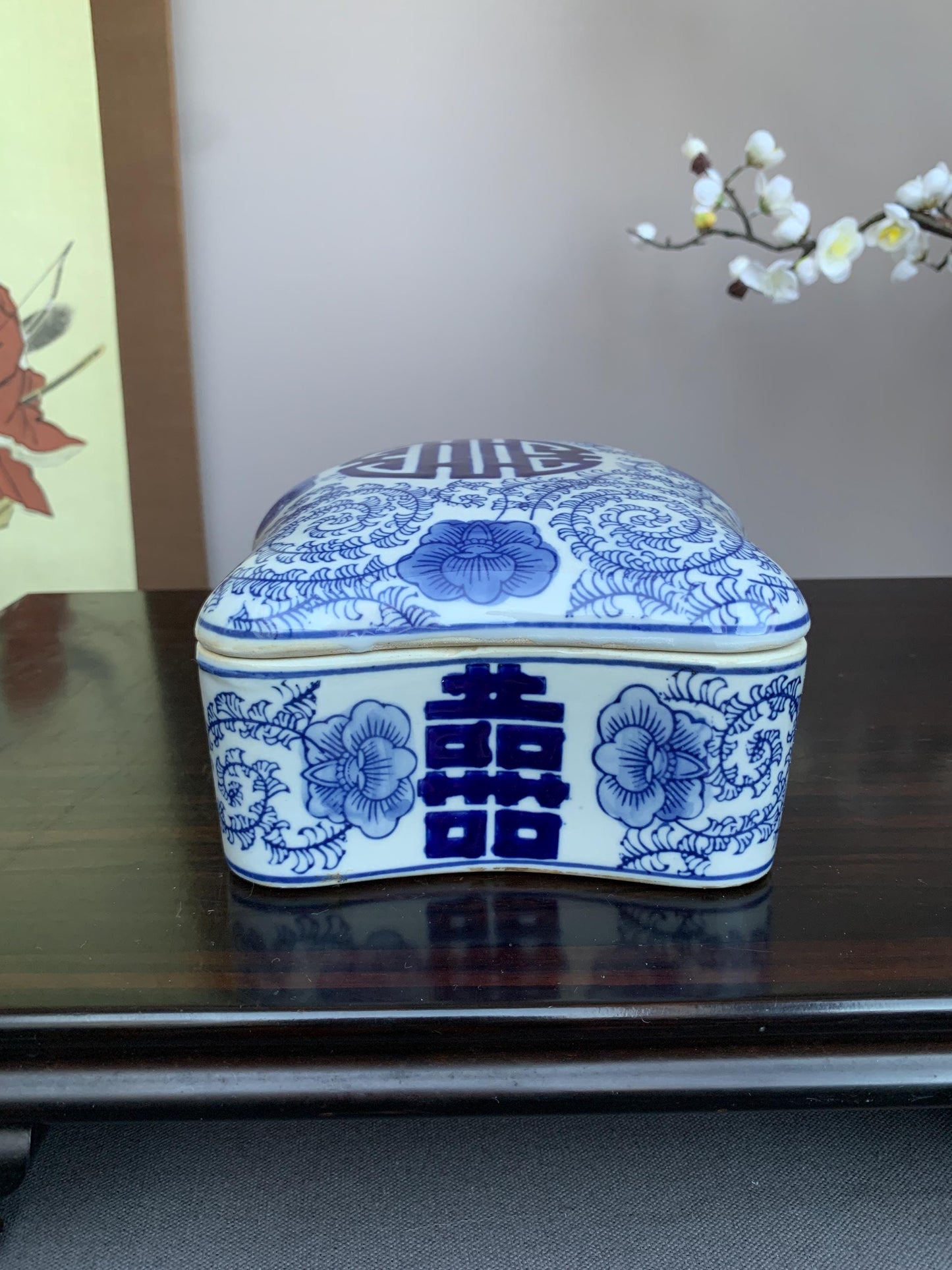 Blue and White Porcelain Lidded Box | Curved Decorative Container with Shou Longevity Symbol | Handcrafted Ceramic Storage Box | Asian Home