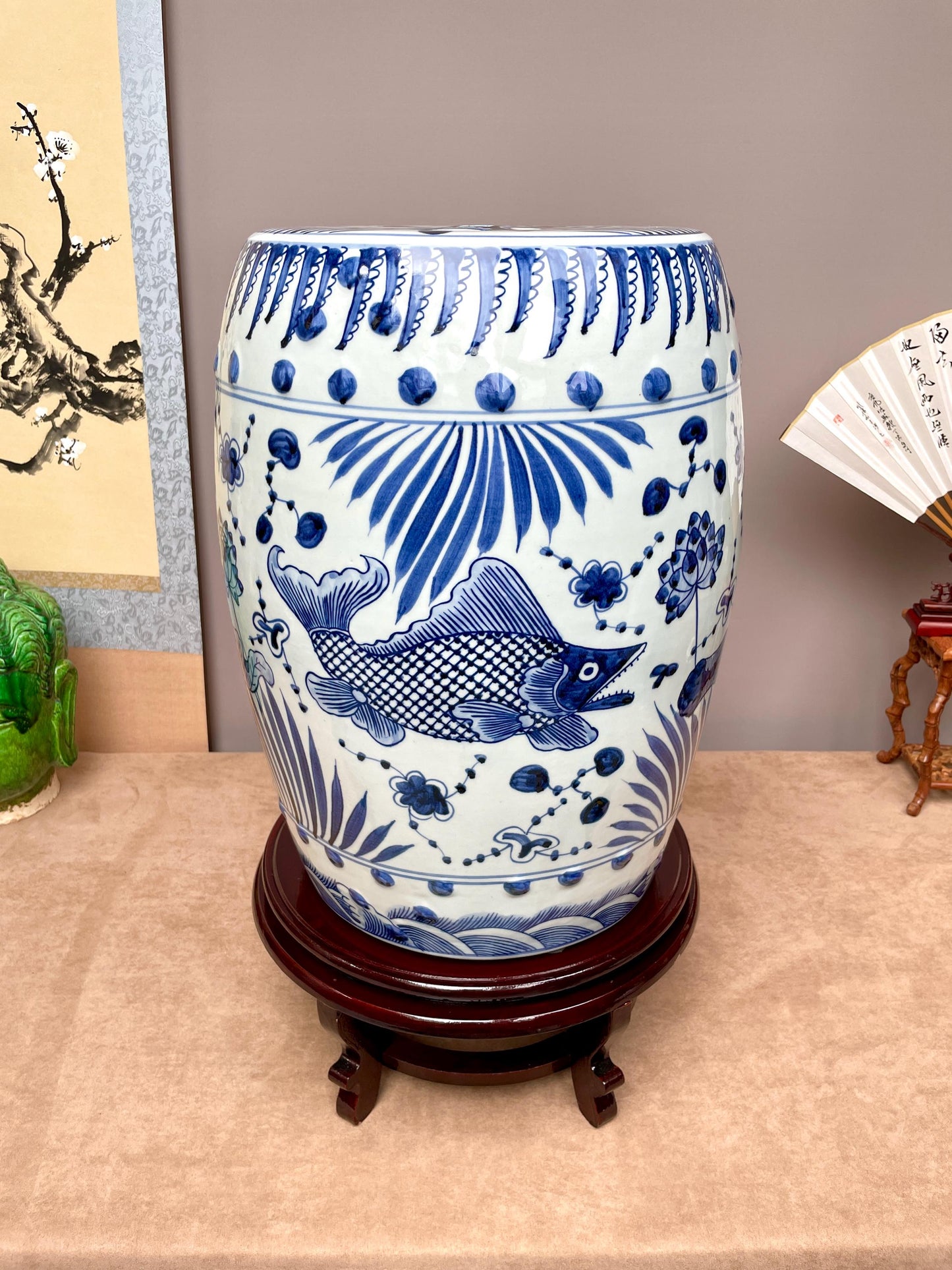 Hand Painted Koi Carp Garden Stool Traditional Chinese Blue White Drum Table Oriental Home Accent Cobalt Blue Statement Furniture Feng Shui