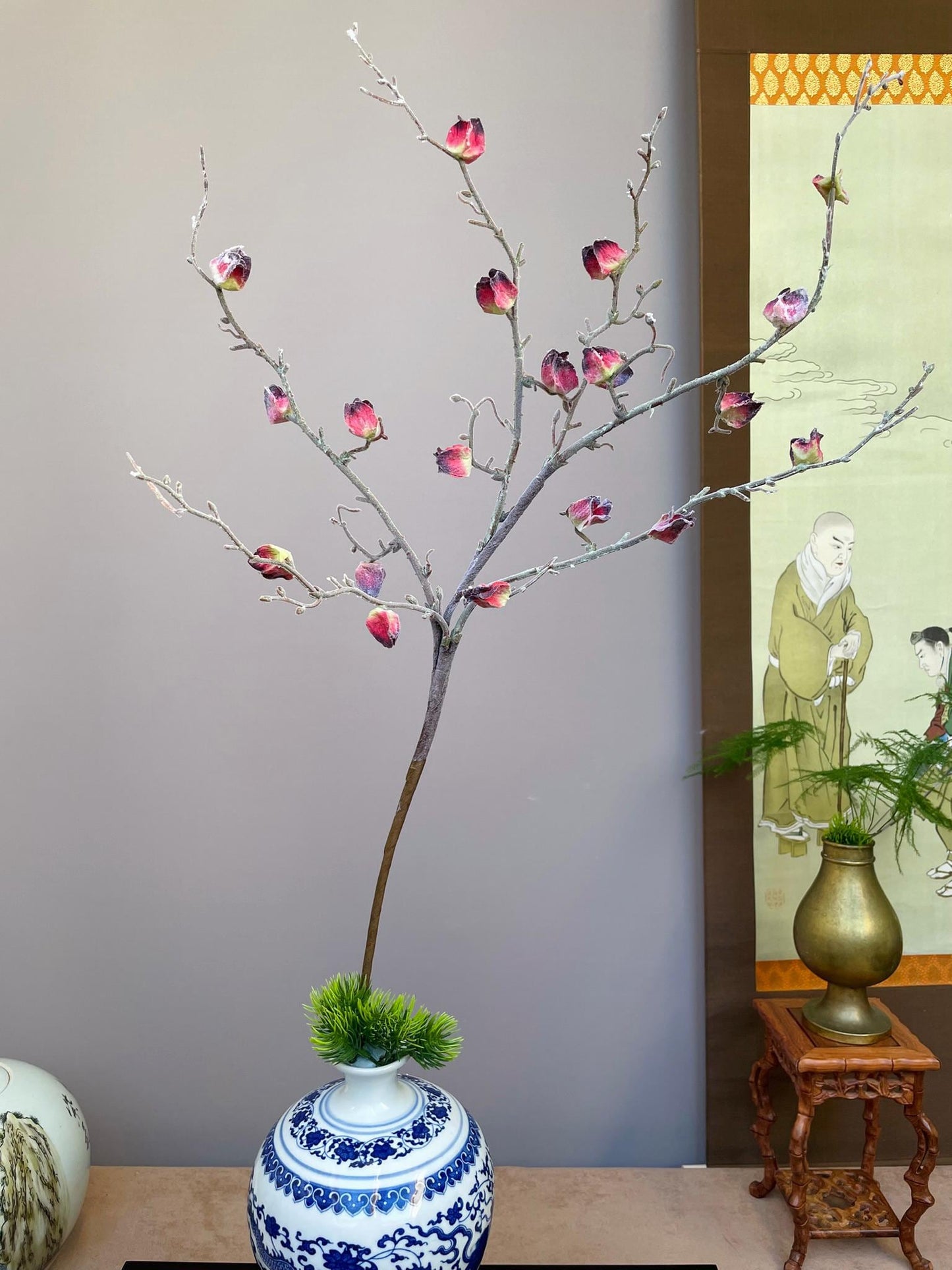 Hand-Crafted Realistic Faux Chinese Lantern Branch - Deep Red & Burgundy Buds - Winter Cherry Stem for Tall Vases Unique indoor Decor
