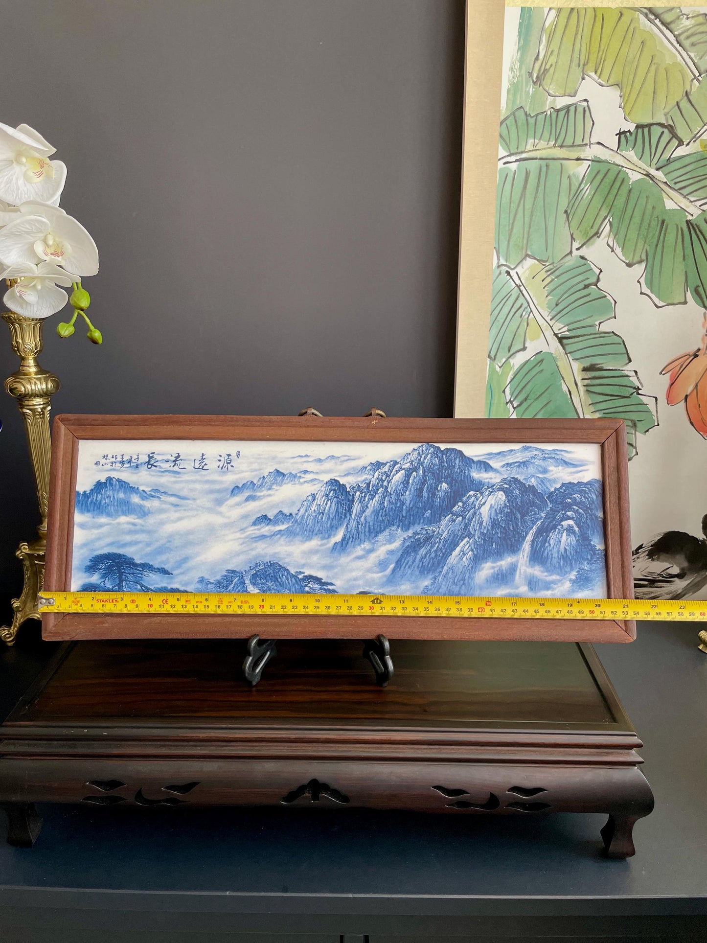 Hand-Crafted Blue & White Porcelain Landscape Plaque | Framed "Yuan Yuan Liu Chang" Shan Shui Wall Art Screen (54cm x 20cm)