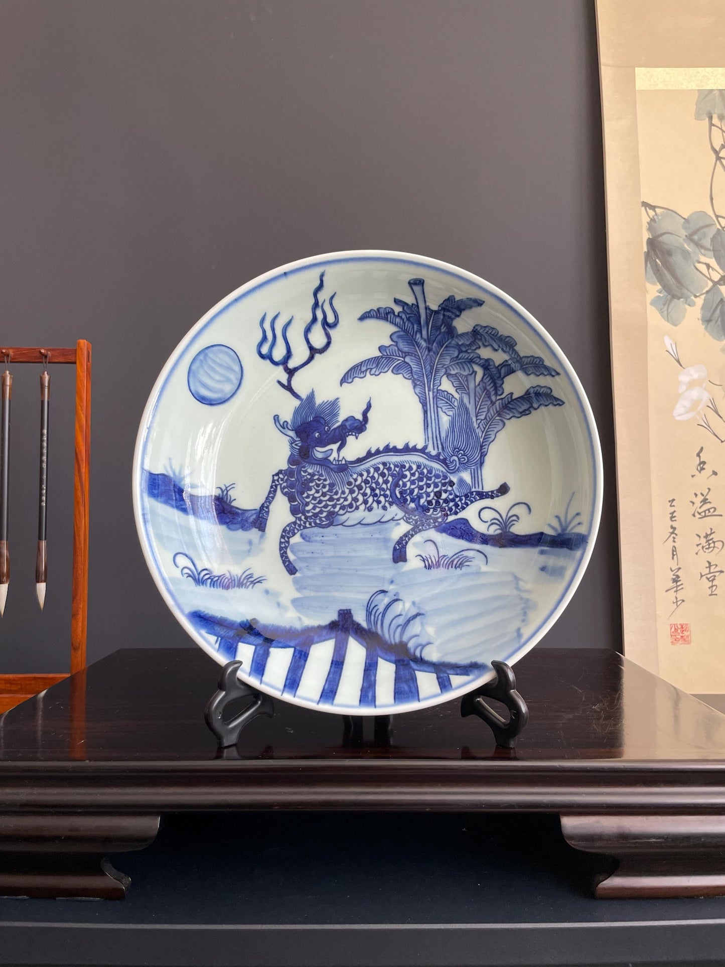 Blue and White Porcelain Display Plate with Stand Chinoiserie Qilin Charger Kirin Mythical Beast Traditional Ceramic Oriental Cabinet Decor