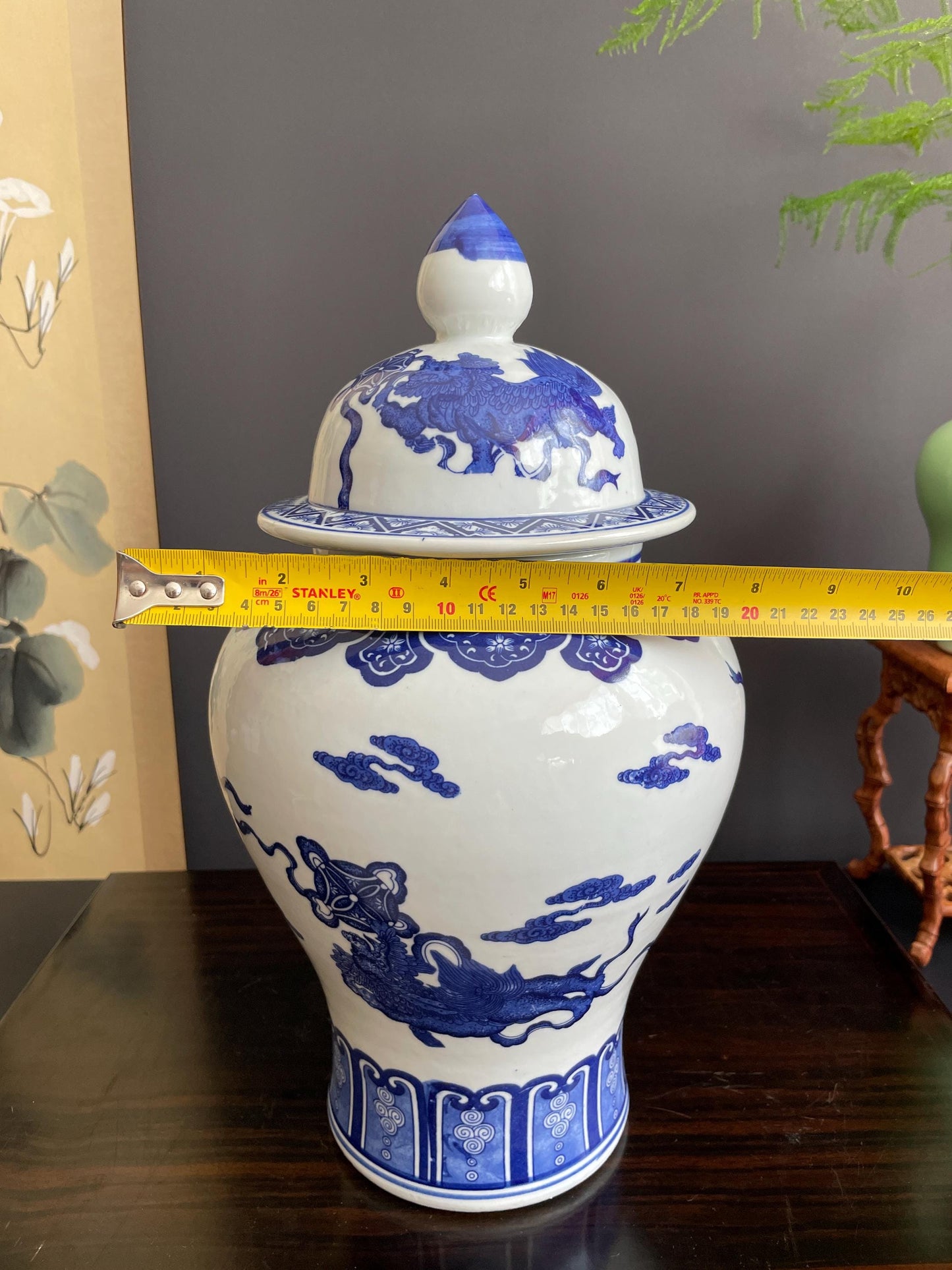 Blue and White Porcelain Temple Jar Large Ginger Jar with Lid Chinoiserie General Jar Traditional Mythical Beast Urn Oriental Home Decor