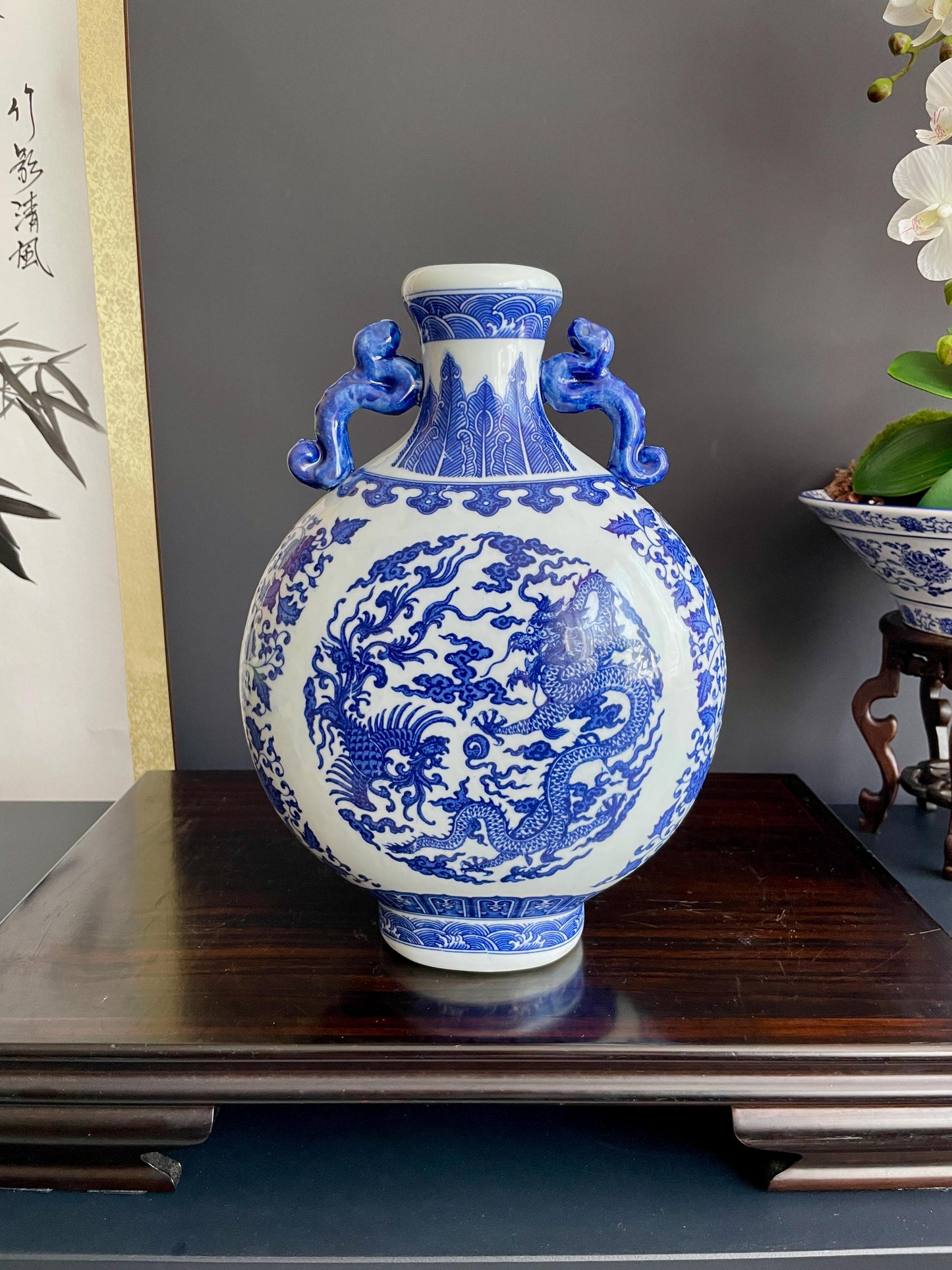 Hand Crafted Blue & White Moonflask Vase with Handles | 31cm Dragon Phoenix Porcelain Vessel Large Chinoiserie Collector Pottery