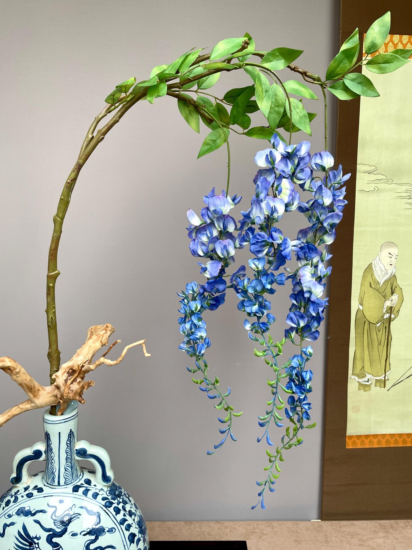 Large Realistic Artificial Wisteria Branch - Faux Blue Blossom Stem with Buds - Elegant Draping Floral for Tall Vases - Luxury Home Decor