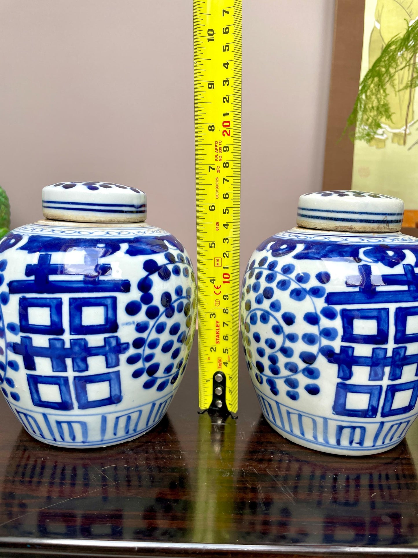Pair of Blue and White Double Happiness Ginger Jars, hand painted Chinese Porcelain Tea Caddies with Lids, Chinoiserie Home Decor Weddings
