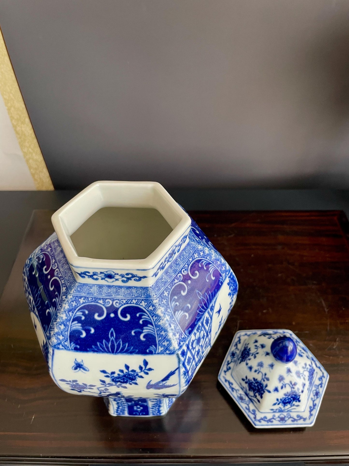 Hand Crafted Blue & White Hexagon Porcelain Vase with Lid | Six Sided 30cm Ceramic Temple Jar | Unique Multi Panel Chinoiserie Decor