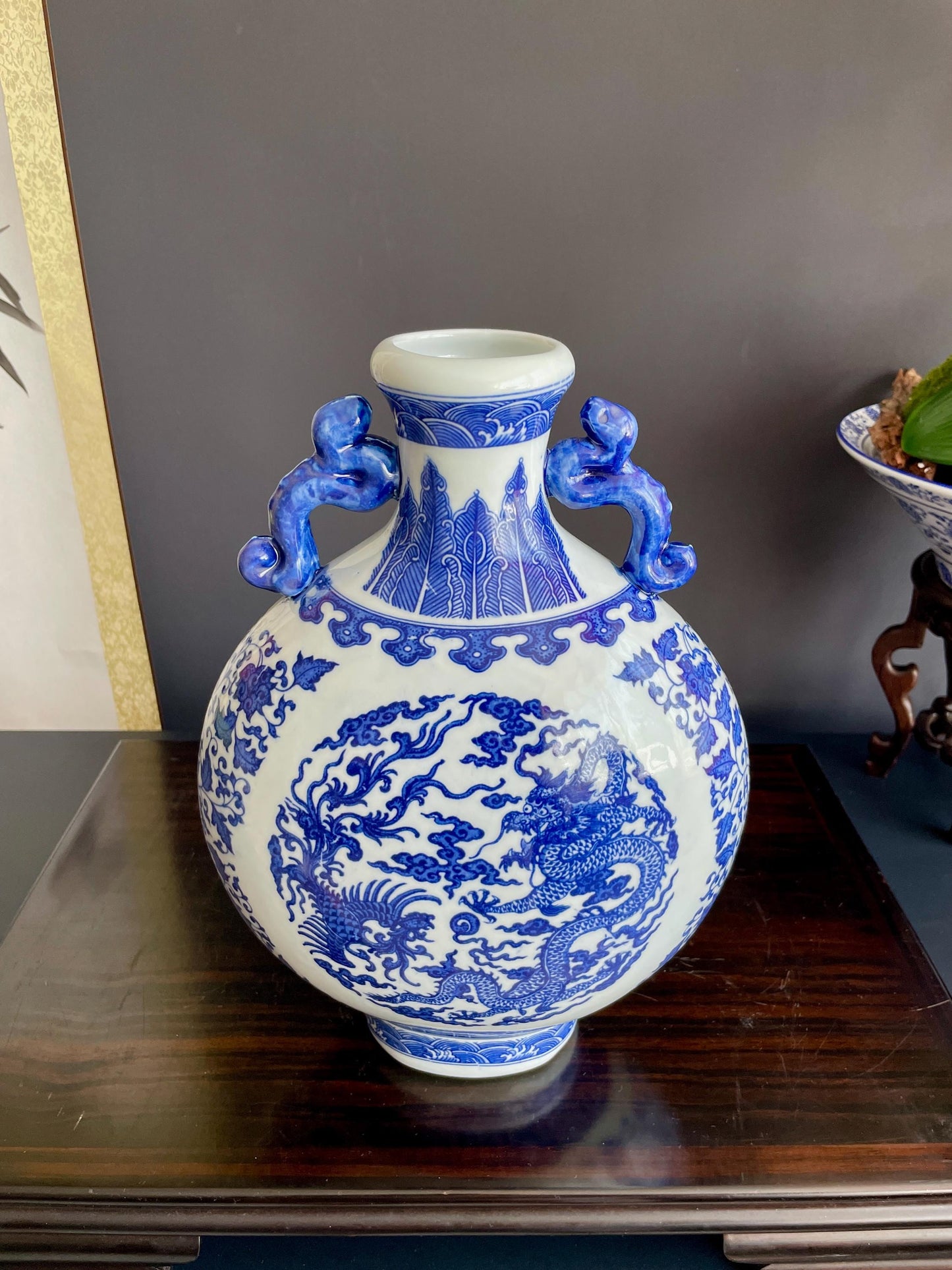 Hand Crafted Blue & White Moonflask Vase with Handles | 31cm Dragon Phoenix Porcelain Vessel Large Chinoiserie Collector Pottery