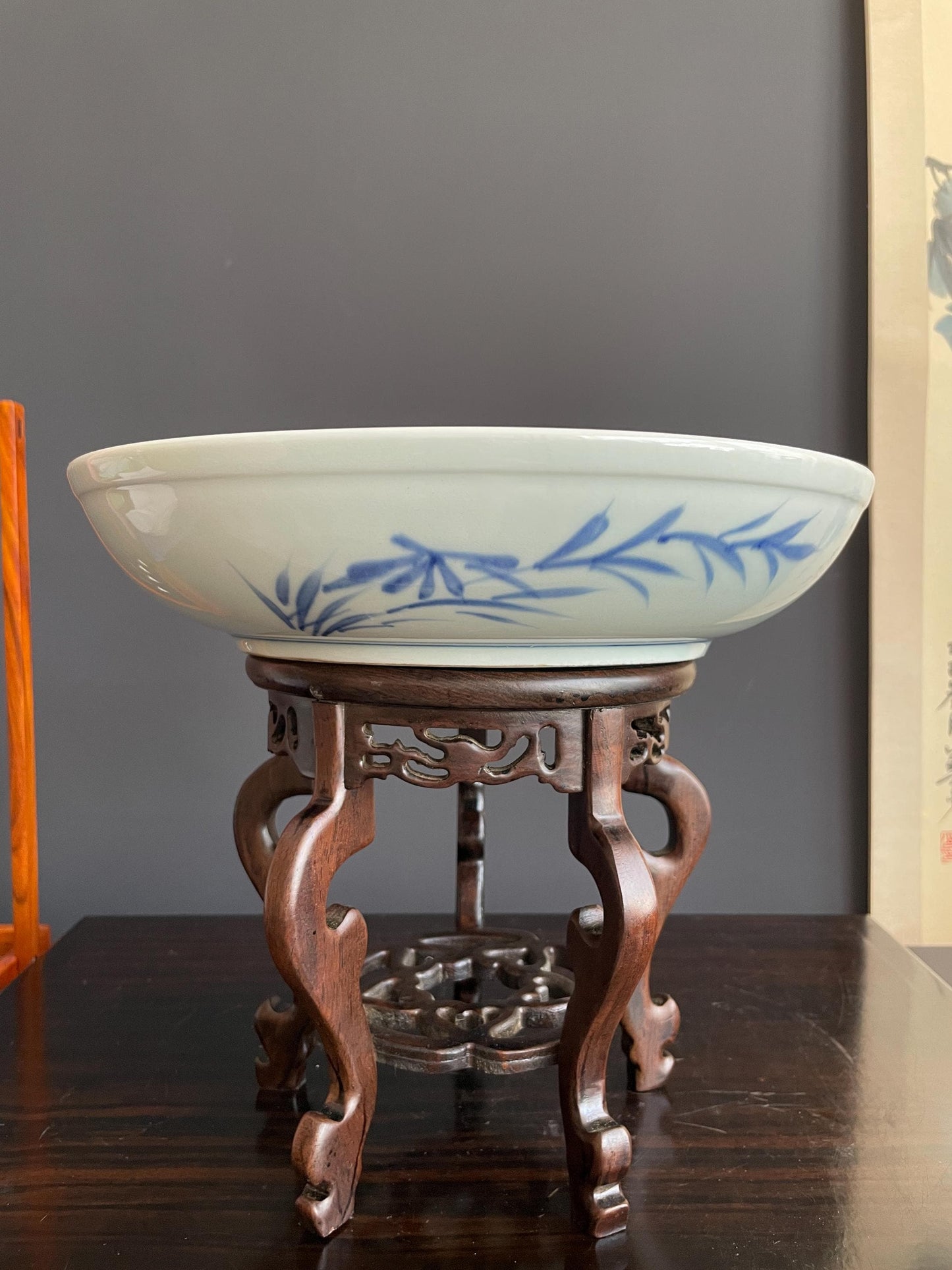 Blue and White Porcelain Display Plate with Stand Chinoiserie Qilin Charger Kirin Mythical Beast Traditional Ceramic Oriental Cabinet Decor