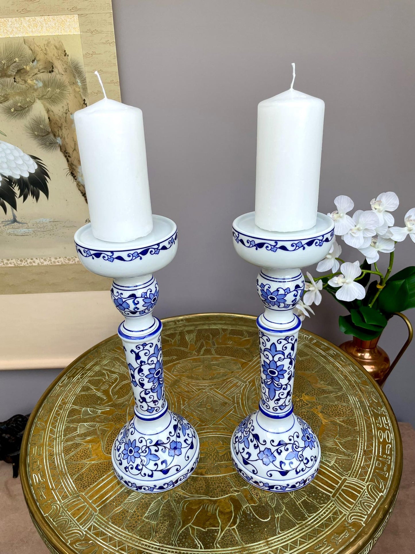 Fine Hand-Painted Blue & White Porcelain Candle Holder Pair • Artisan-Made Chinoiserie Centerpiece • Luxury Table Décor in Collector Quality