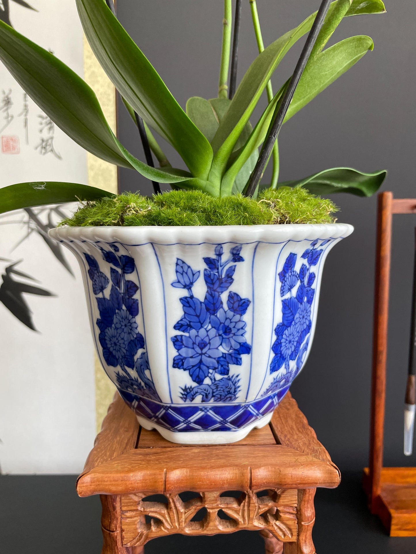 Blue and White Porcelain Planter Ceramic Flower Pot Chinoiserie Cachepot Fluted Oriental Orchid Pot traditional Botanical Decor Large