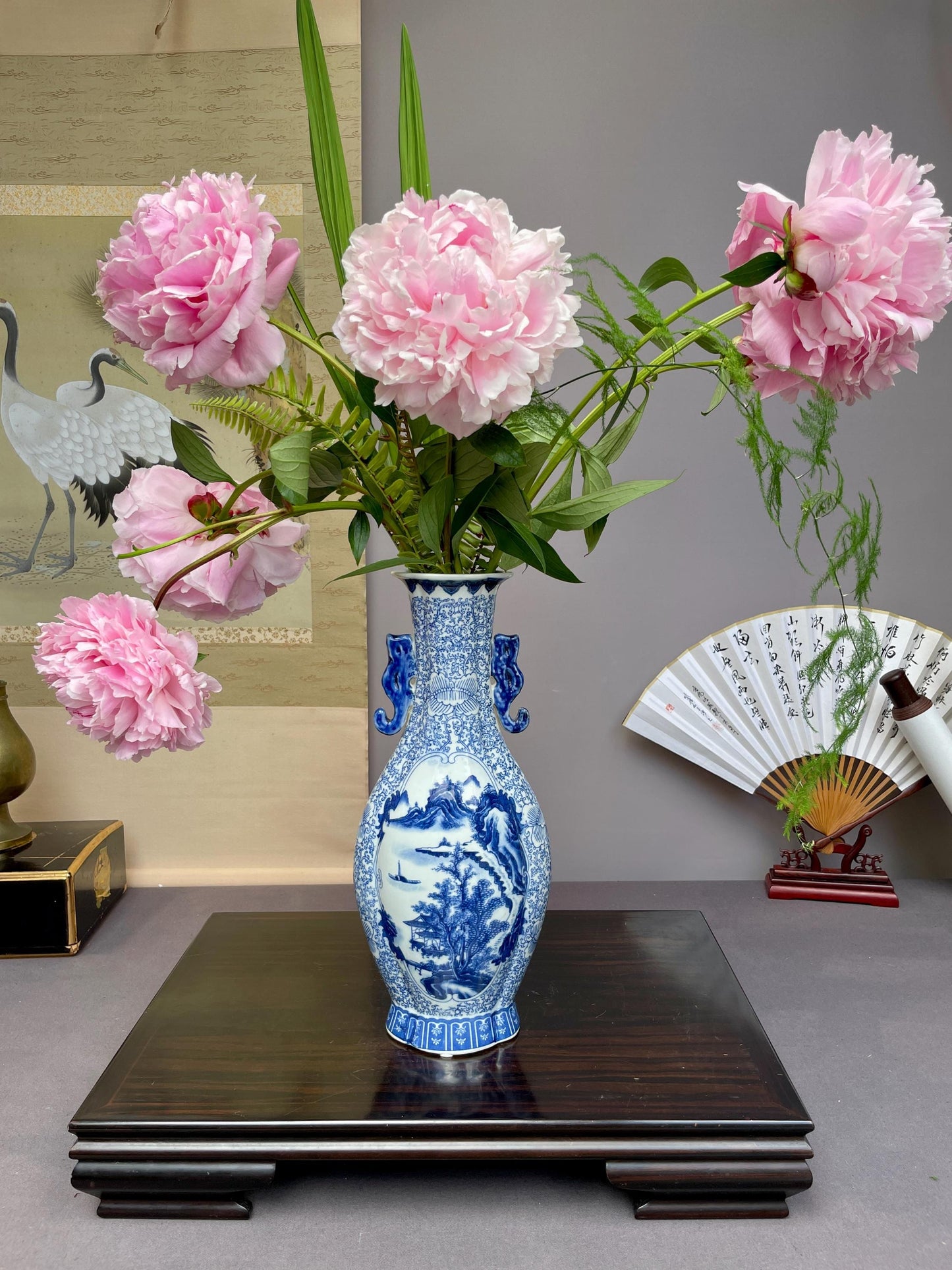 Blue and White Landscape Vase Ceramic Chinoiserie Baluster Vase Porcelain Temple Vase Oriental Mountain Scene Pottery Large Console Decor