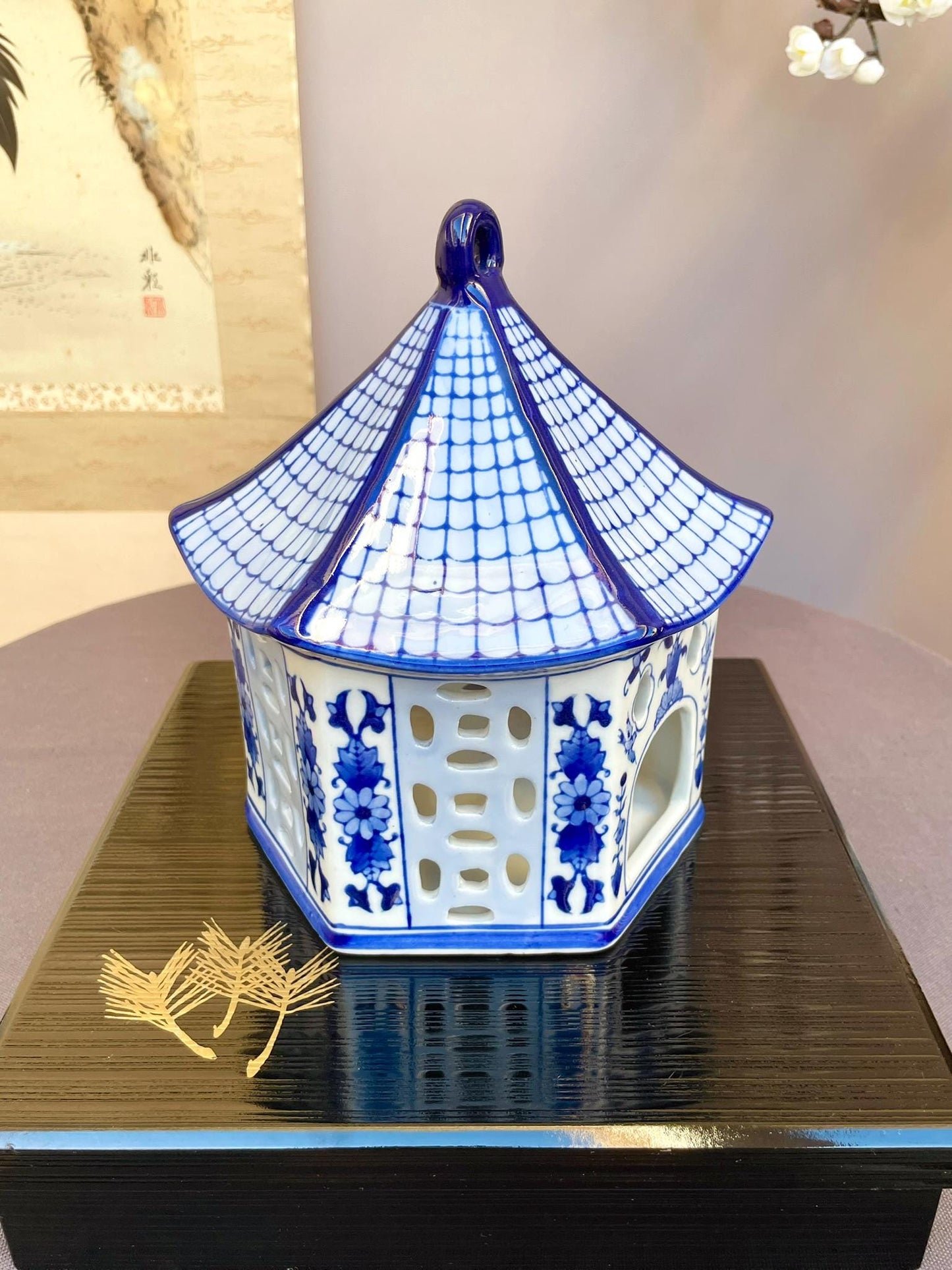 Blue and White Porcelain Pagoda Candle Holder | Handcrafted Ceramic Lantern Elegant Home Décor Accent | Curved Roof Design Tea Light Holder