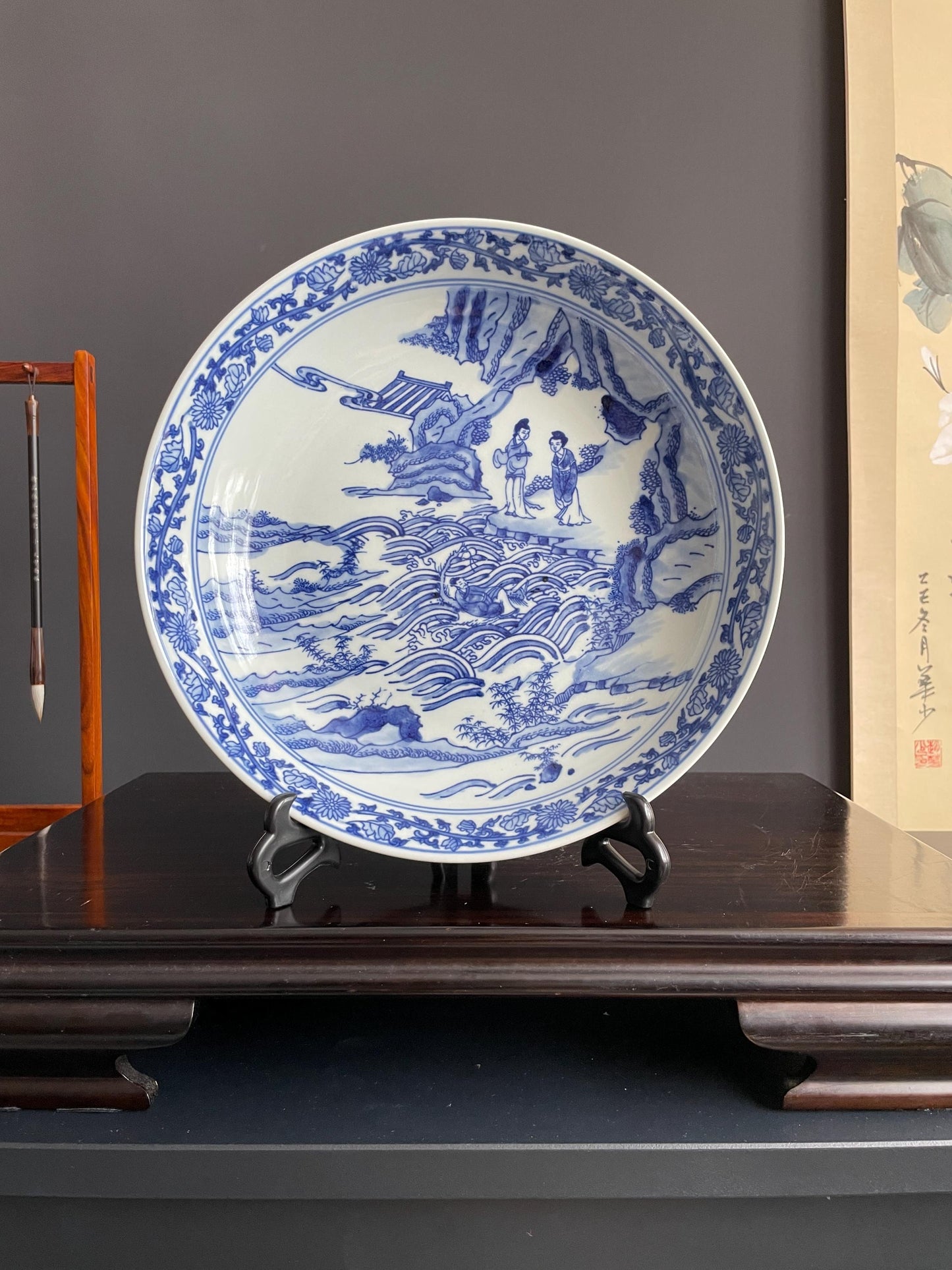 Traditional Blue and White Porcelain Charger | Hand-Crafted Narrative Decorative Plate | Classic Chinoiserie Display Platter