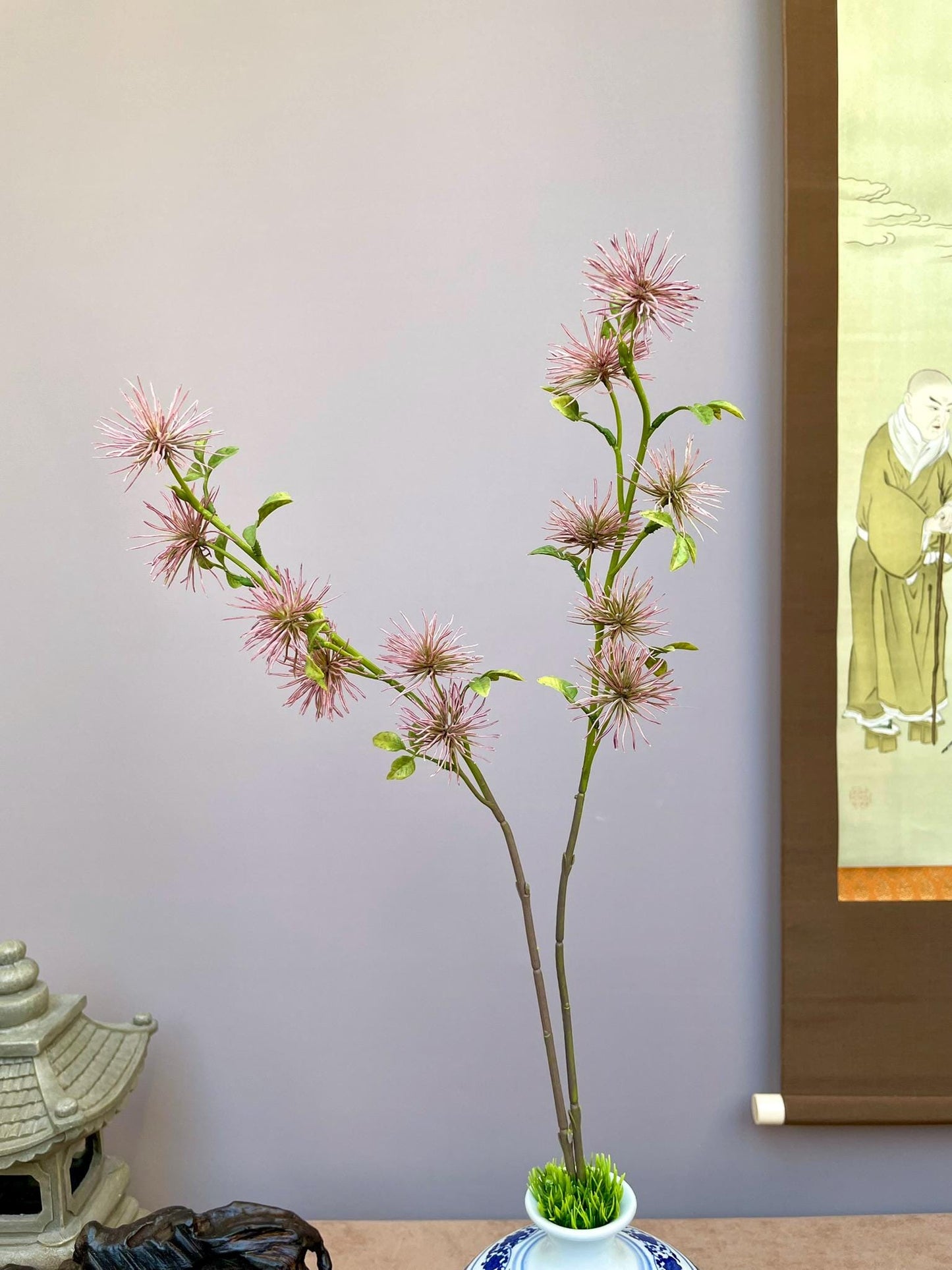 Pink Silk Tree Pompom Stem, Faux Albizia Julibrissin, Wispy Wildflower Arrangement, Japanese Wabi Sabi Decor, Tall Vase Filler