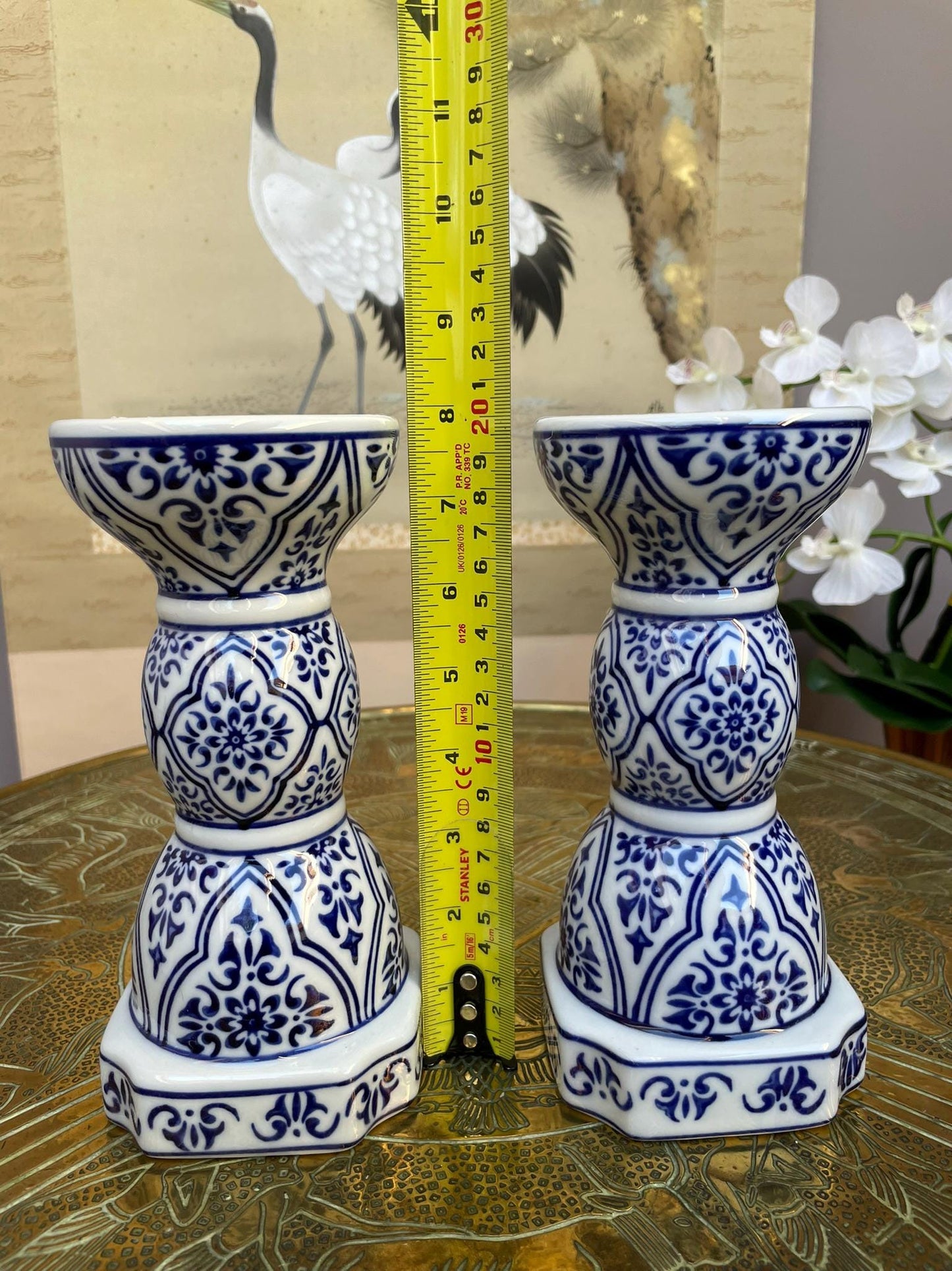Blue and White Candlesticks Pair, Chinoiserie Taper Holders, Geometric Floral Porcelain, Grandmillennial Wedding Centerpiece, Hamptons Style