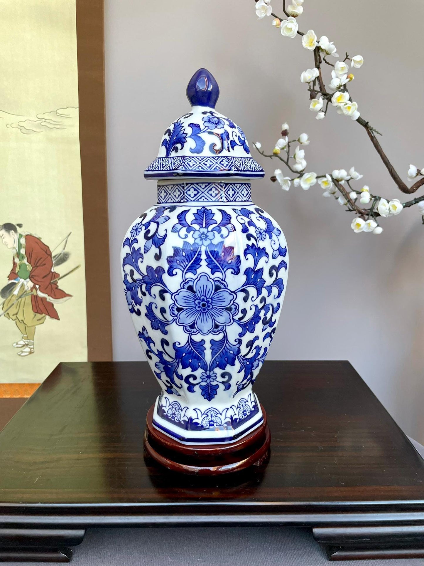 Blue & White Porcelain Ginger Jar • Hexagonal Lidded Vase with Floral Motifs • Hand-crafted Decorative Jar • Classic Oriental Home Decor
