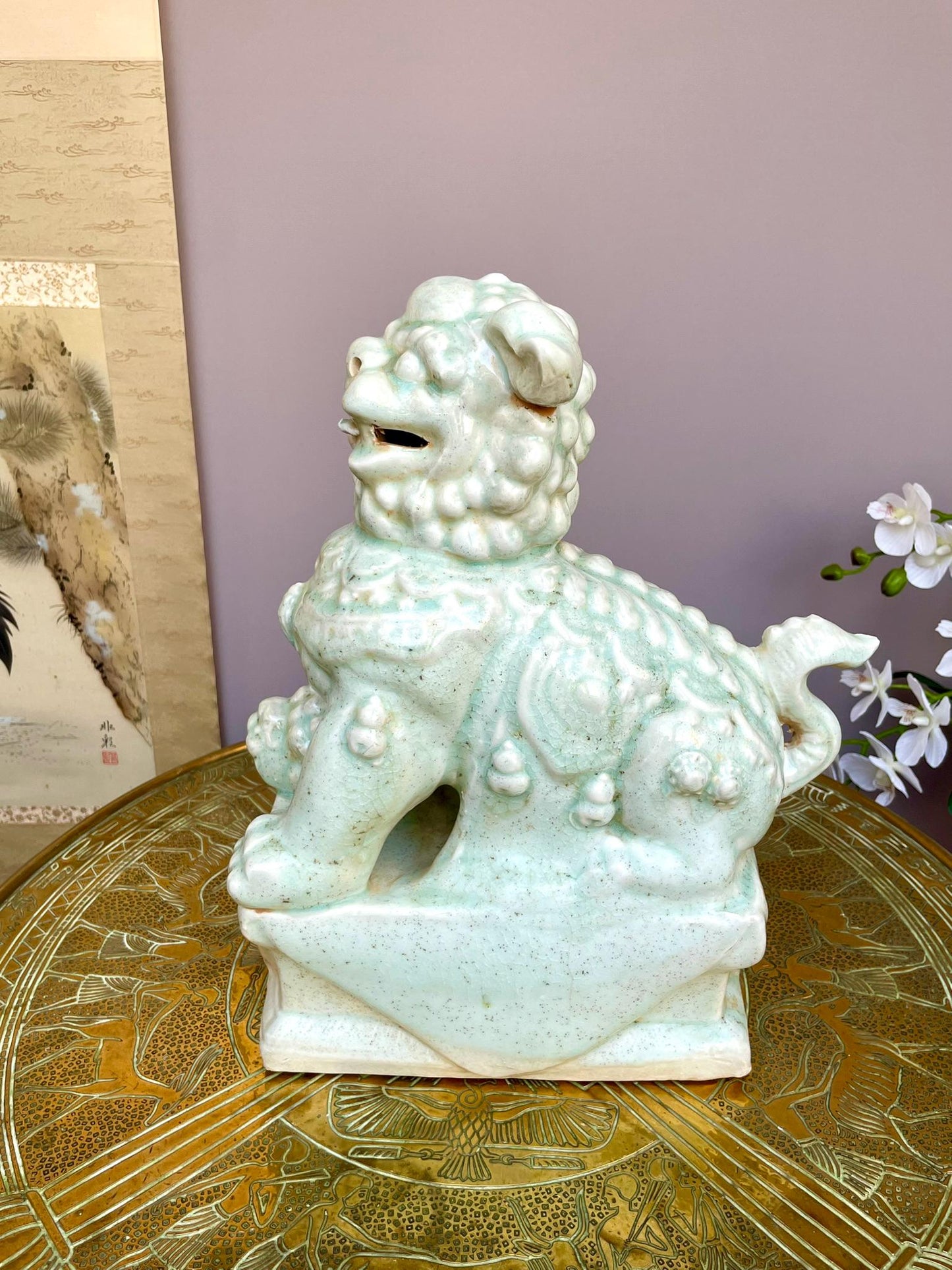 Ru-Style Celadon Foo Dog Sculpture | Celadon Guardian Lion | Chinese Art Decor | Scholar’s Studio Ornament | Ceramic Home Decor