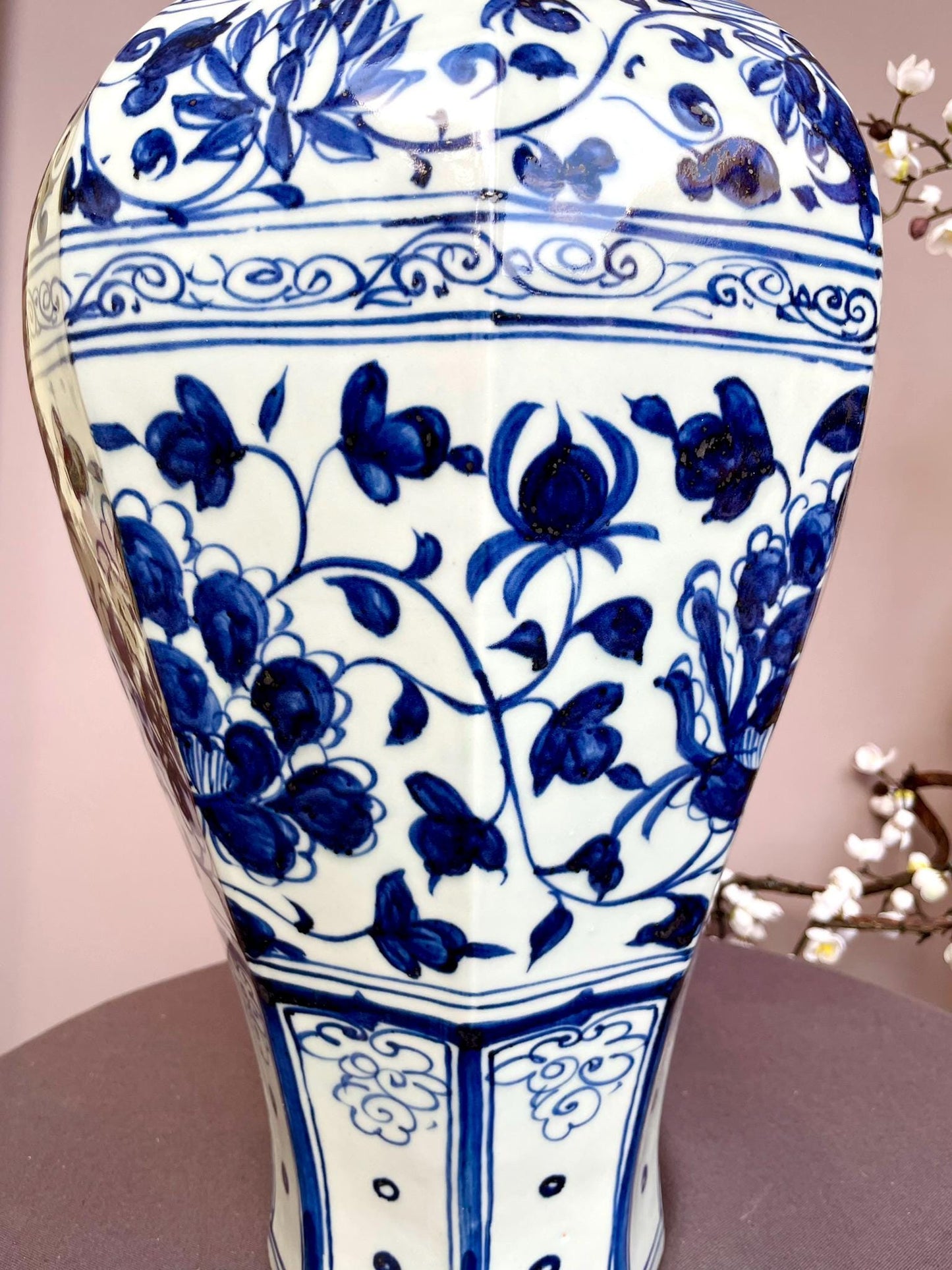Large Blue and White Porcelain Meiping Vase – Classic Plum Vase Shape – Hand-Painted Floral Motifs Traditional Tall Collector Display Piece