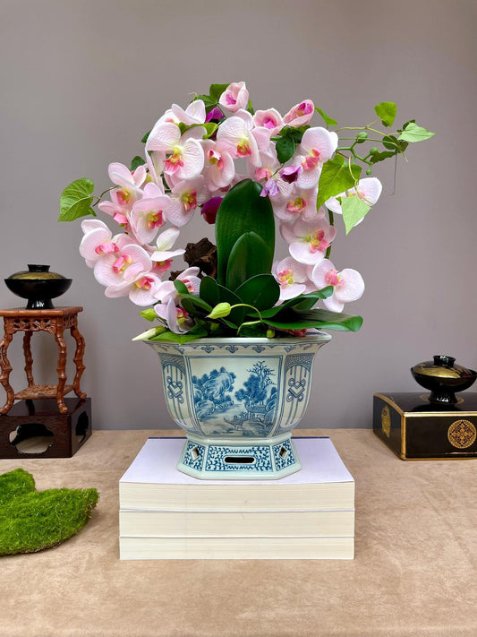 Blue and White Chinese Porcelain orchid Octagonal Planter Chinese Landscape Design | Elegant Home Decor