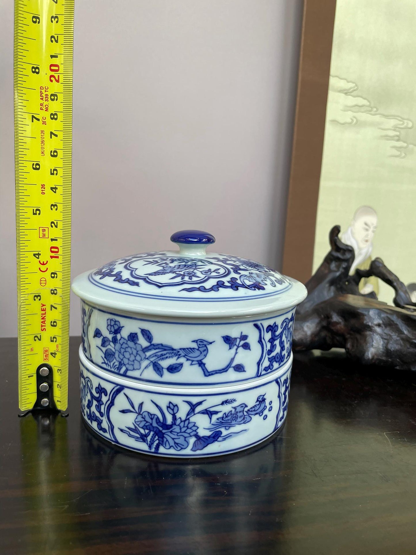 Blue and White Chinese Porcelain 2Tier Lidded Container Hand-Painted Floral & Bird Design Stacking Ceramic Storage Jar Functional Home Deco