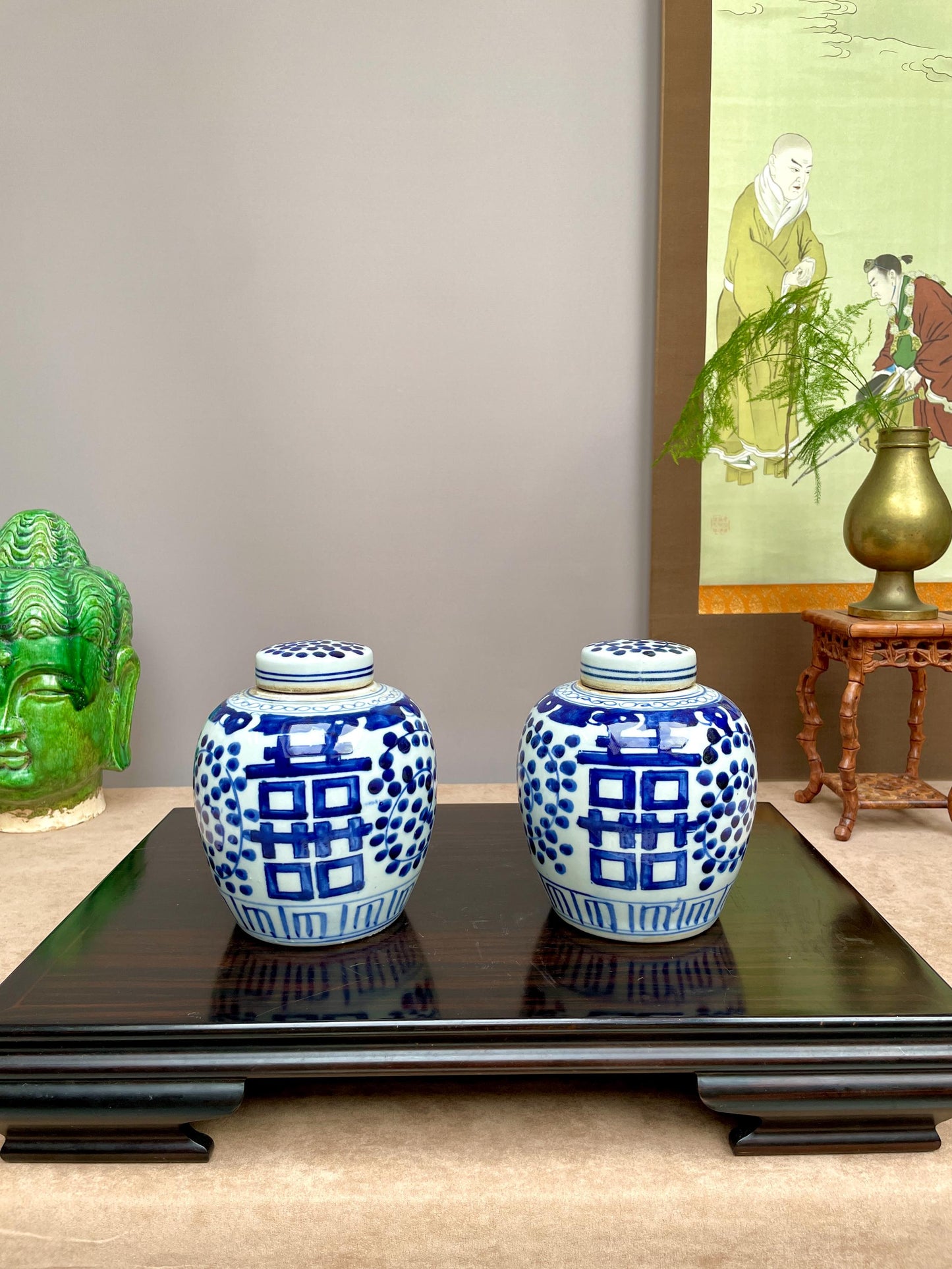 Pair of Blue and White Double Happiness Ginger Jars, hand painted Chinese Porcelain Tea Caddies with Lids, Chinoiserie Home Decor Weddings