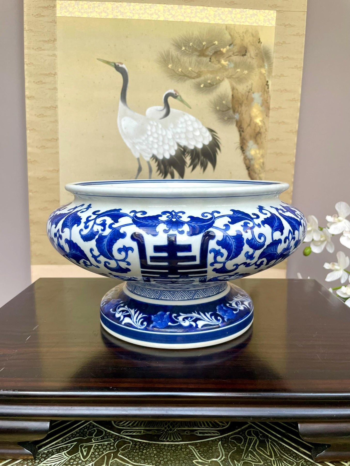 Large Blue and White Porcelain Footed Bowl – 33cm Decorative Centerpiece Vessel Large Pedestal bowl