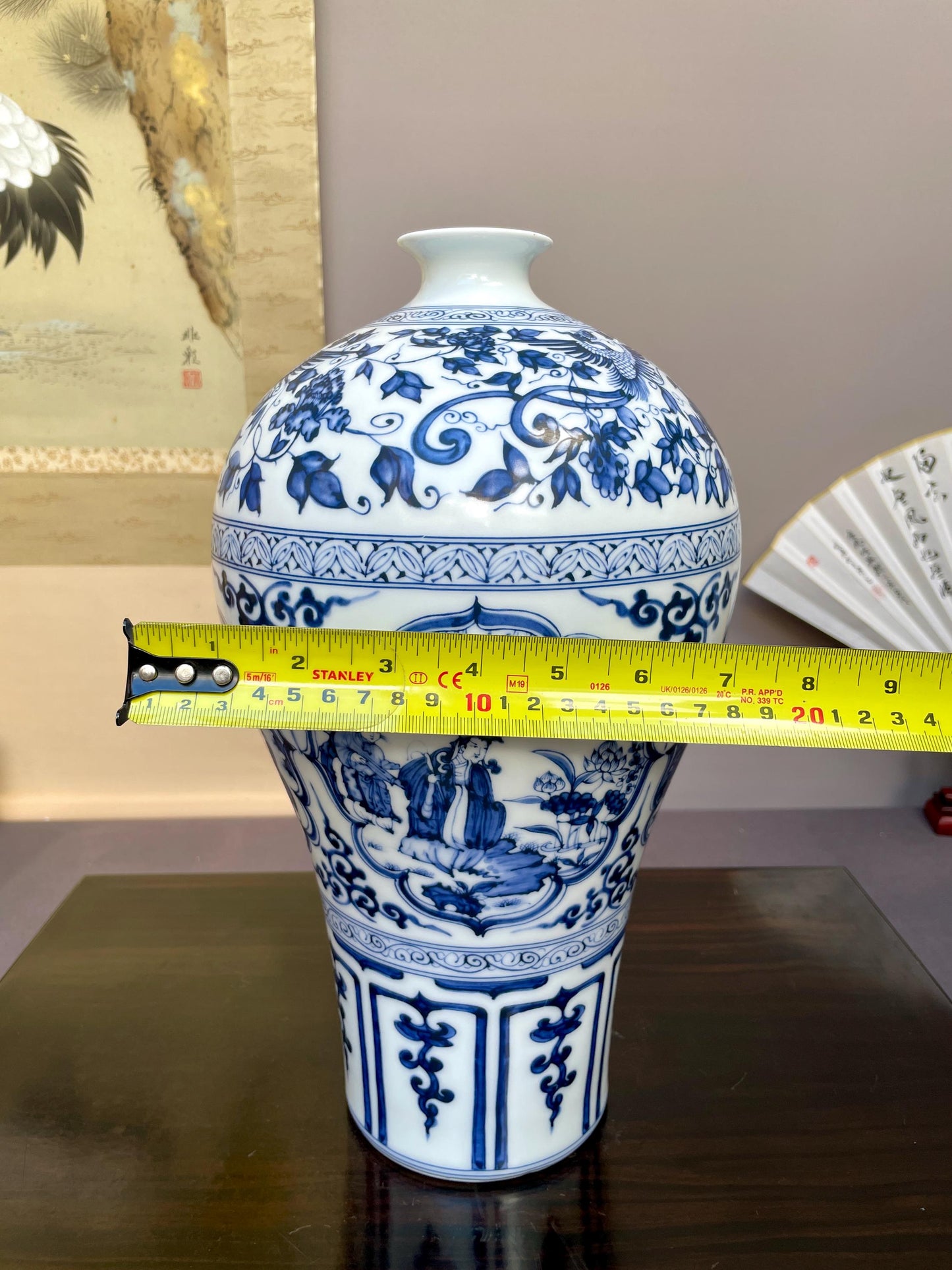 Hand Painted Blue and White Meiping Vase Porcelain Plum Vase Ceramic Chinoiserie Figural Motif Luxury Oriental Art Fine Pottery Centerpiece