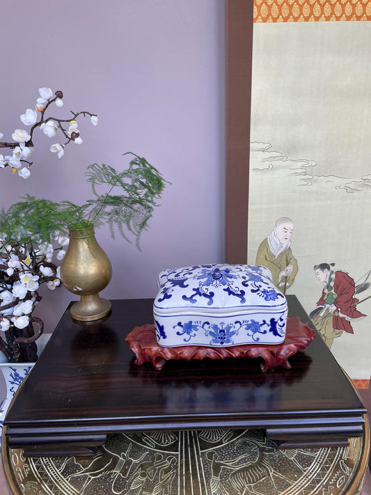 Hand-Crafted Blue and White Porcelain continuous floral Box Artisan Rectangular Jewellery Case Detailed Floral Chinoiserie Keepsake.