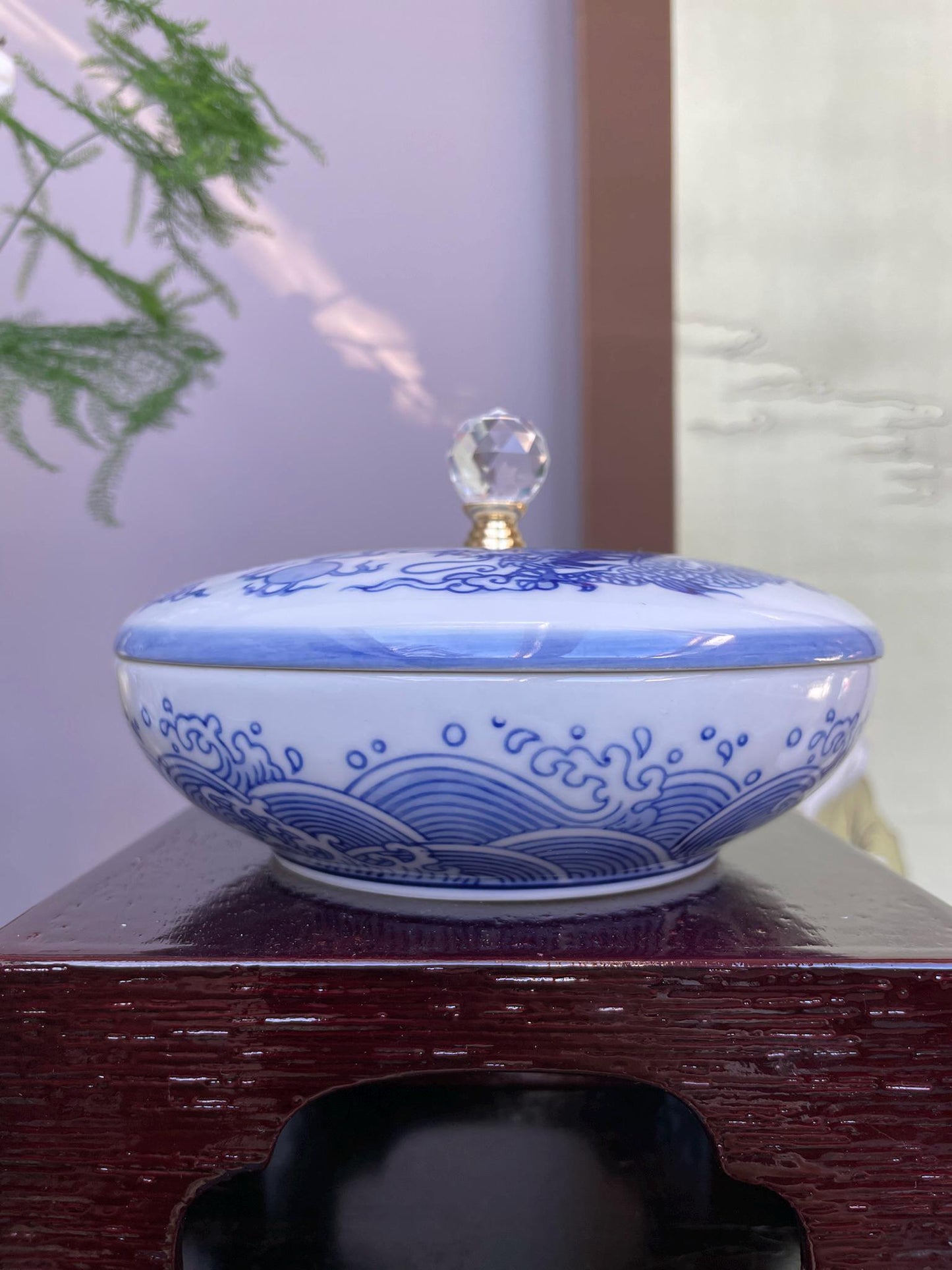 Hand-Crafted Blue and White Porcelain Dragon Jewellery Box - Lidded Trinket Jar with Crystal Knob - Chinoiserie Décor for Precious Item