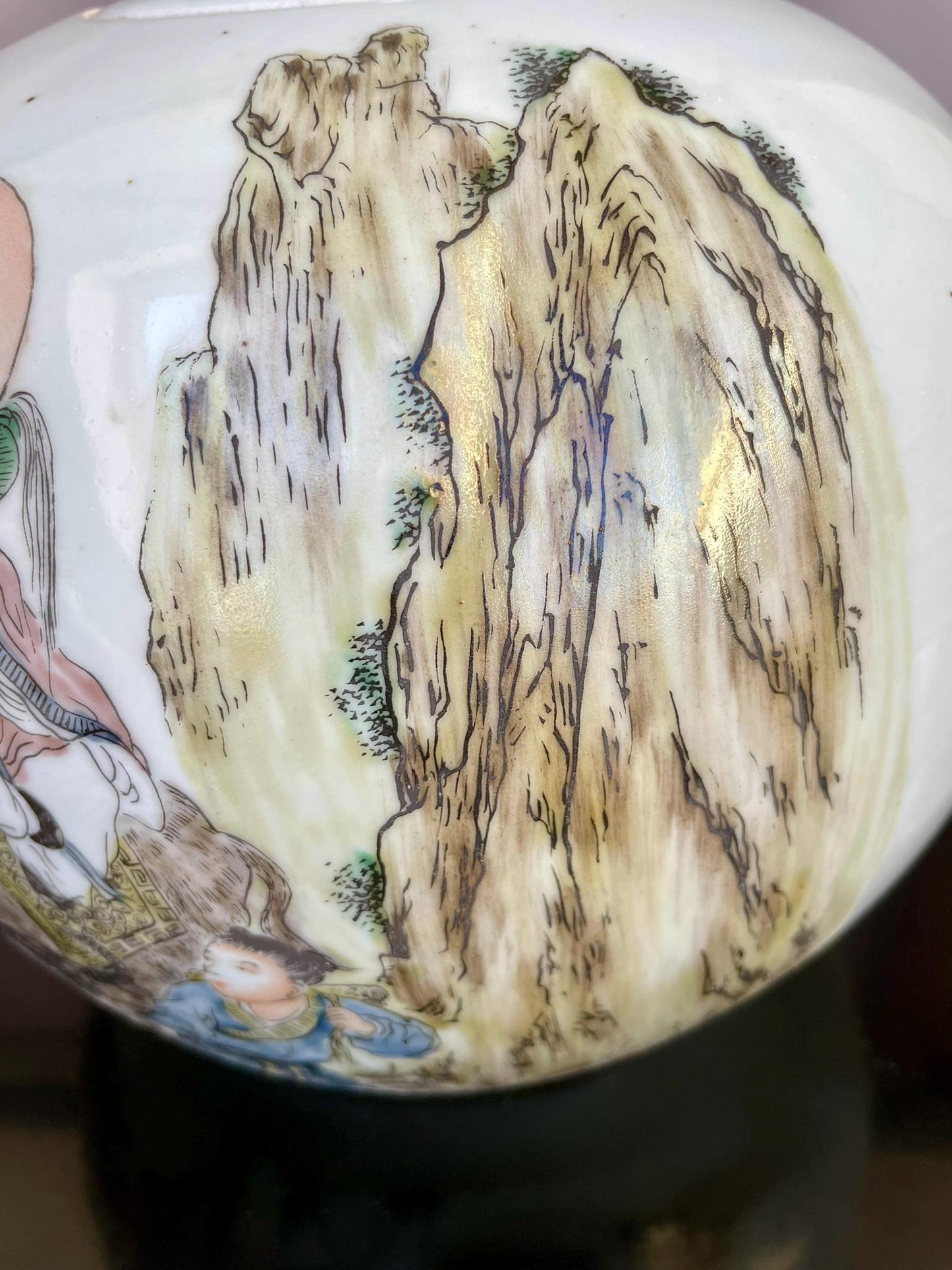 Hand-Painted Qianjiang Cai Porcelain Jar with Lid - Scholar & Immortal Landscape - Large Hand-Crafted Chinese Calligraphy Ginger Jar