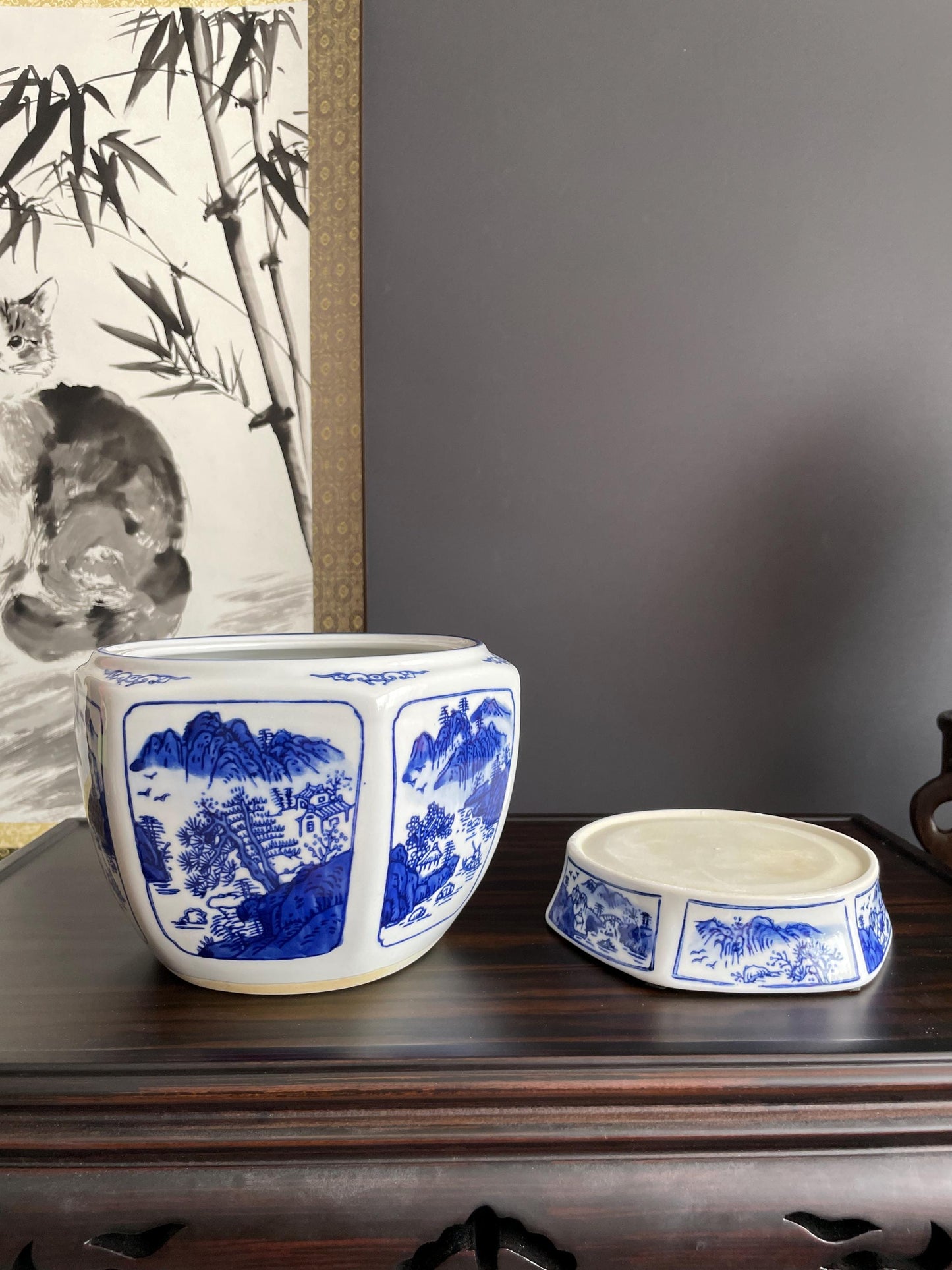 Blue and White Porcelain Planter Set | Hand-Crafted Chinoiserie Ceramic Cachepot | 2 Piece Decorative Plant Pot for Indoor Flowers