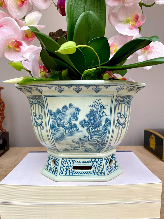 Blue and White Chinese Porcelain orchid Octagonal Planter Chinese Landscape Design | Elegant Home Decor