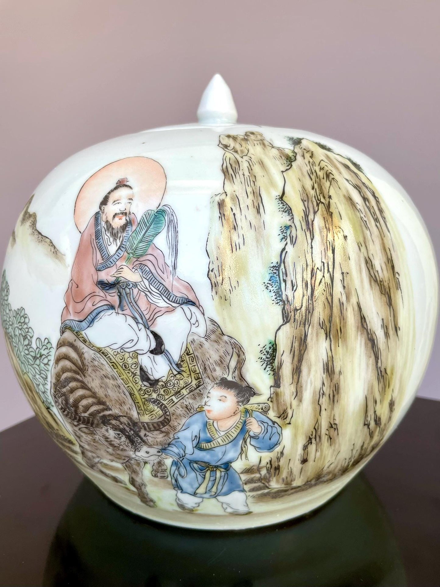 Hand-Painted Qianjiang Cai Porcelain Jar with Lid - Scholar & Immortal Landscape - Large Hand-Crafted Chinese Calligraphy Ginger Jar