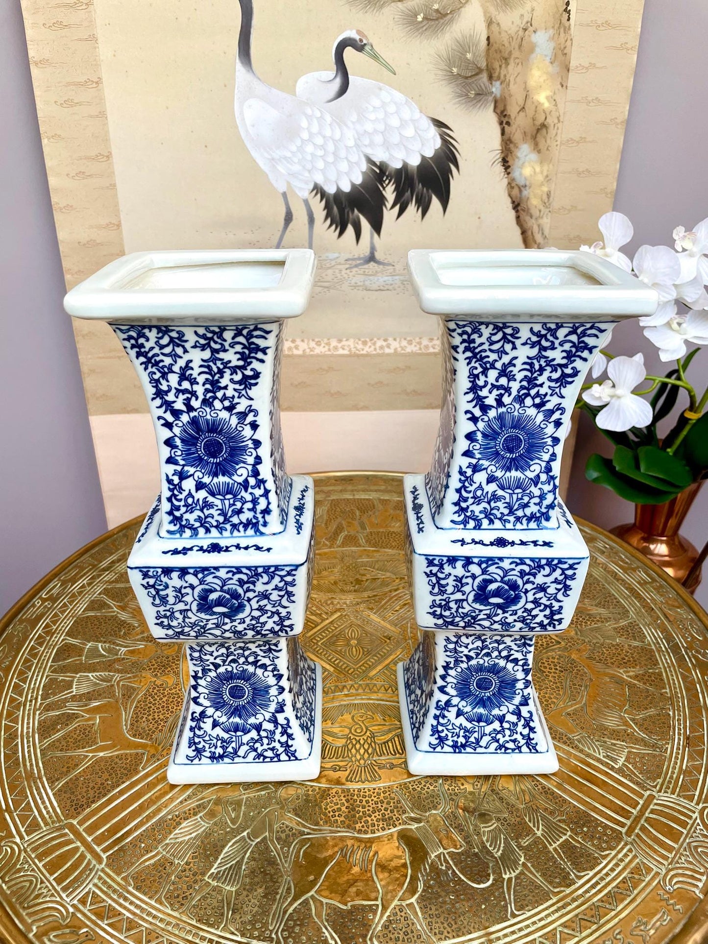 pair of Blue & White Porcelain Altar Candle Holders • Imperial Ritual Vessel Pair • Heaven–Earth–Human 3 section  Chinoiserie Floral design