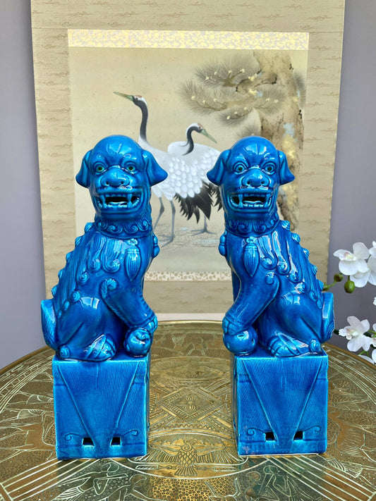 Turquoise Fu Dog Statues – Pair Chinese Guardian Lions – Glazed Home Decor Accents