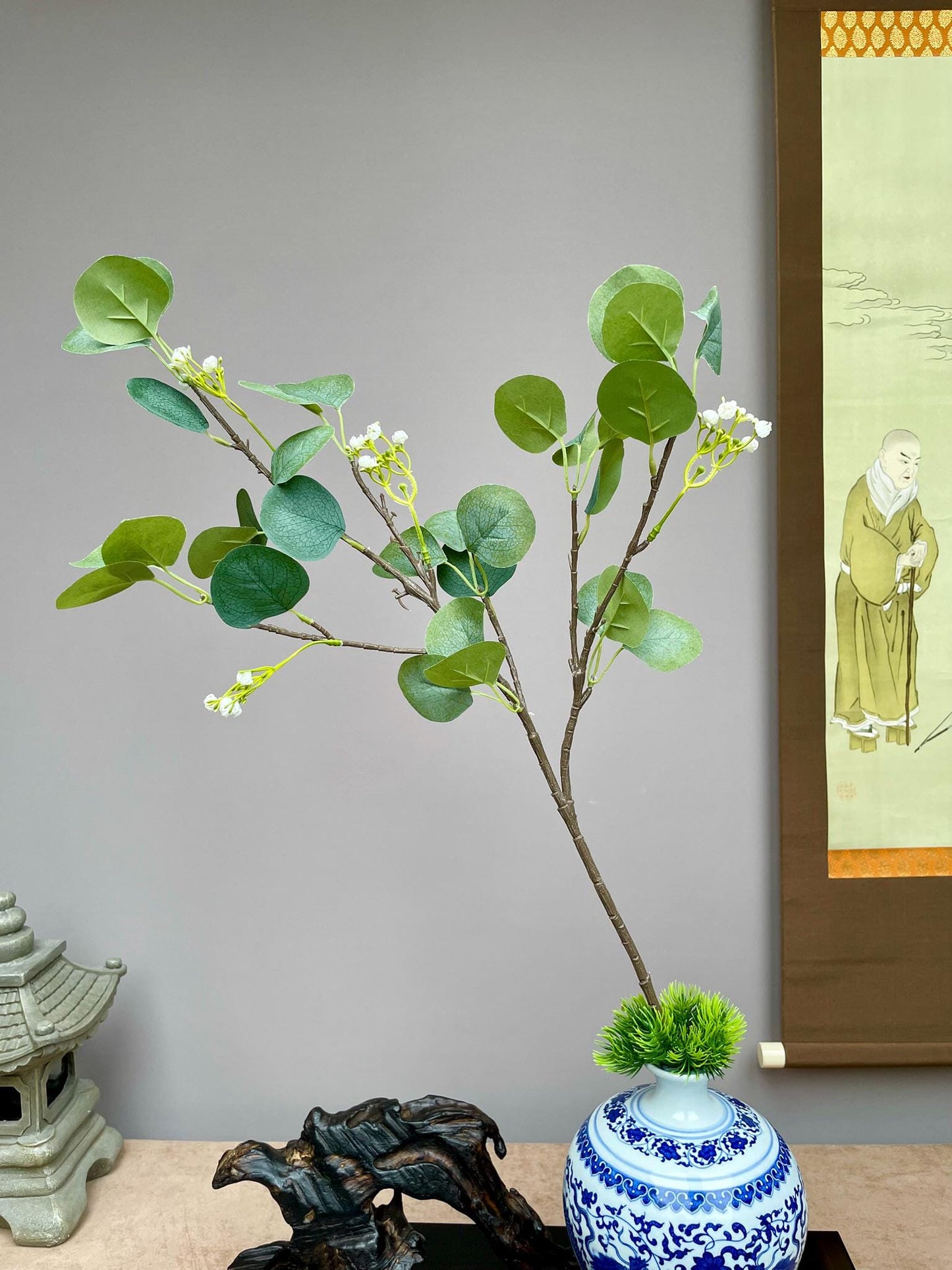 Faux Seeded Eucalyptus Stem, Round Leaf Greenery Branch, Large Artificial Foliage, Chinoiserie Vase Filler, Lifelike Greenery for Home
