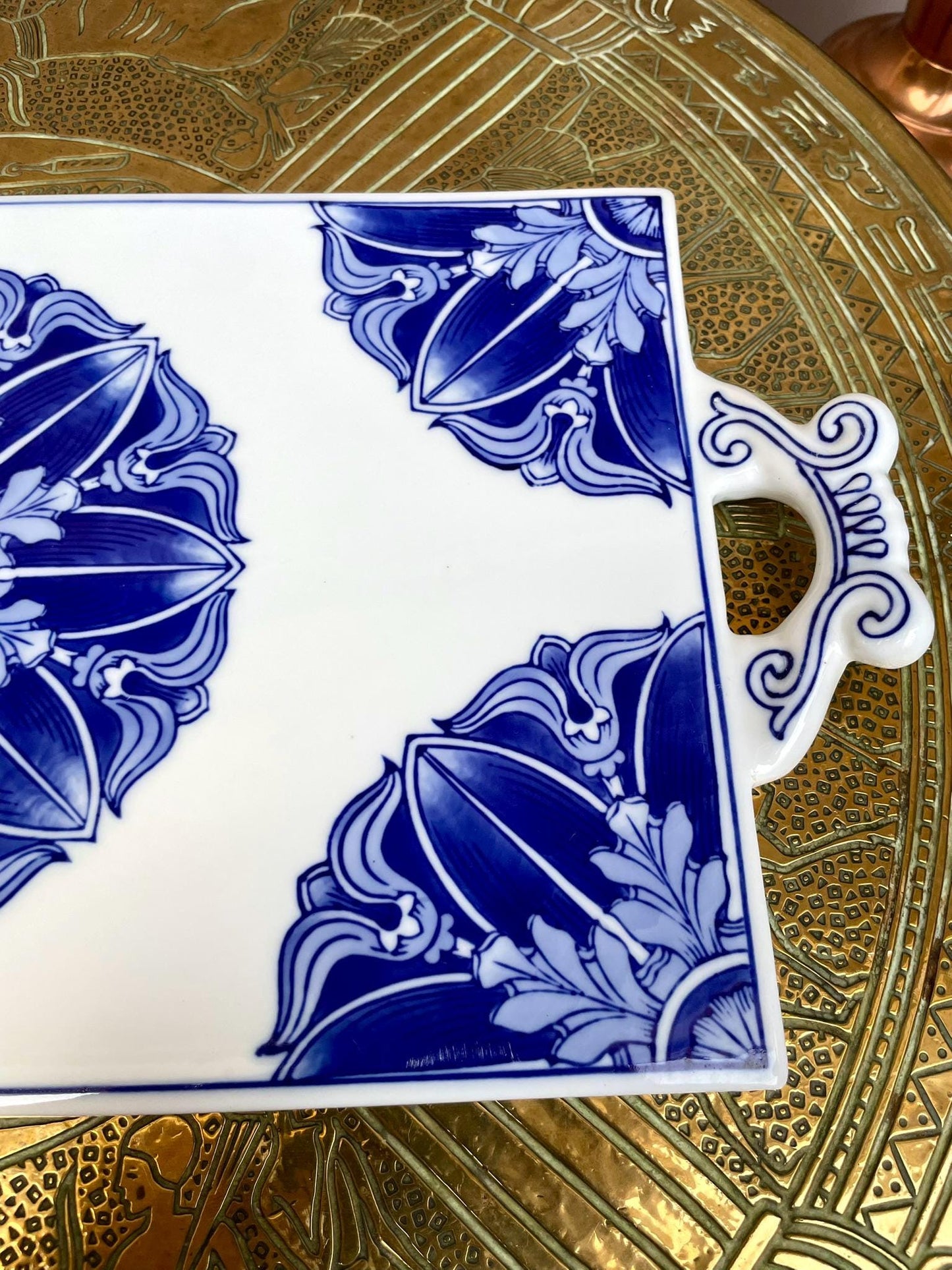 Large Blue & White Ceramic Serving Tray • Handcrafted Porcelain Board with Artisanal Floral Motif Heavy, Smooth, collector Quality Tableware