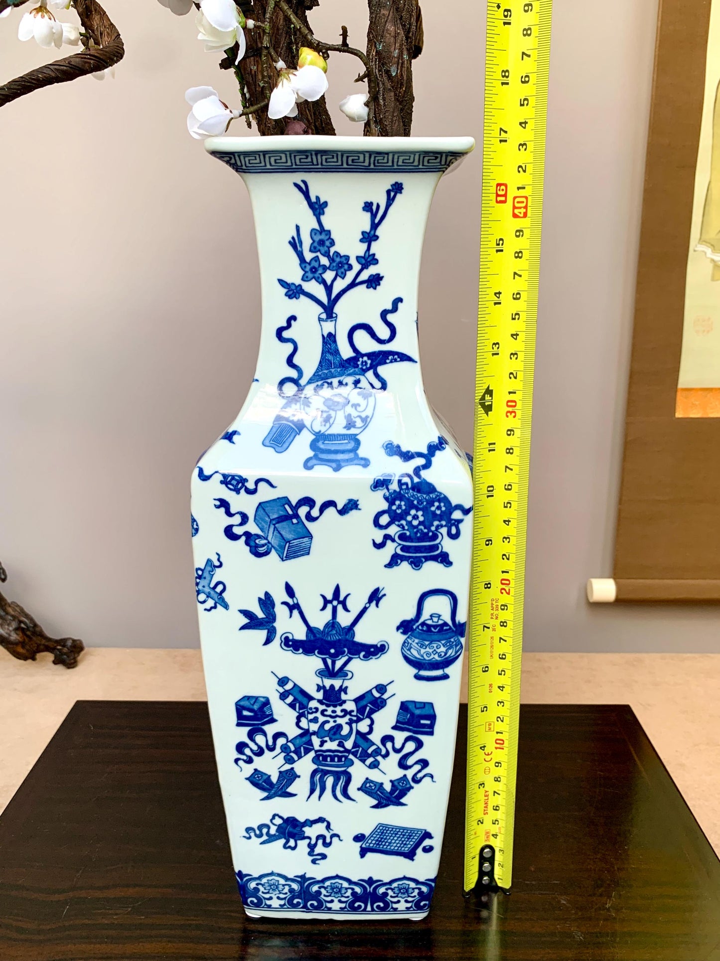 Tall Hand-Crafted Blue and White Square Vase Rare "Hundred Antiques" (Bogu) Motif Heavy Premium Porcelain Traditional Scholar's Studio Deco