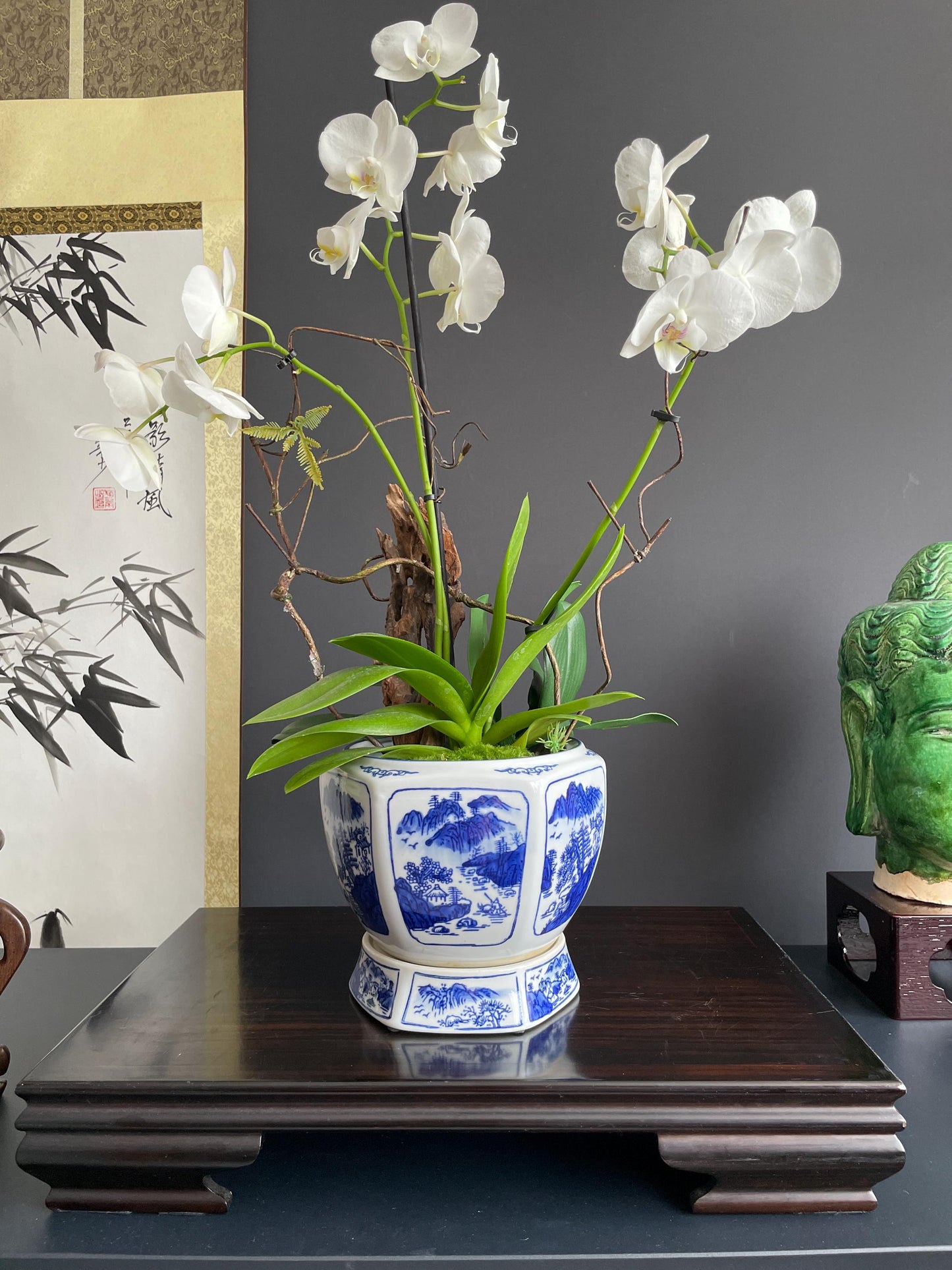 Blue and White Porcelain Planter Set | Hand-Crafted Chinoiserie Ceramic Cachepot | 2 Piece Decorative Plant Pot for Indoor Flowers