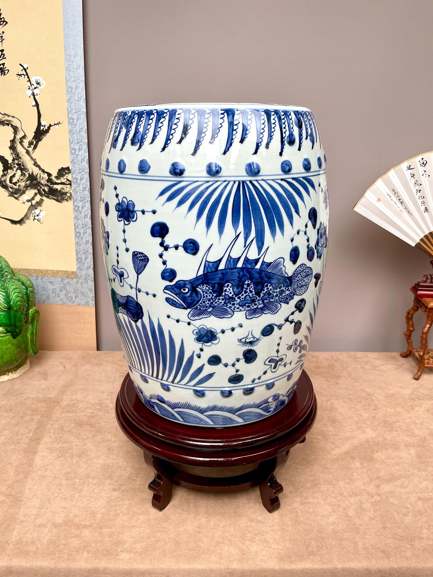 Hand Painted Koi Carp Garden Stool Traditional Chinese Blue White Drum Table Oriental Home Accent Cobalt Blue Statement Furniture Feng Shui